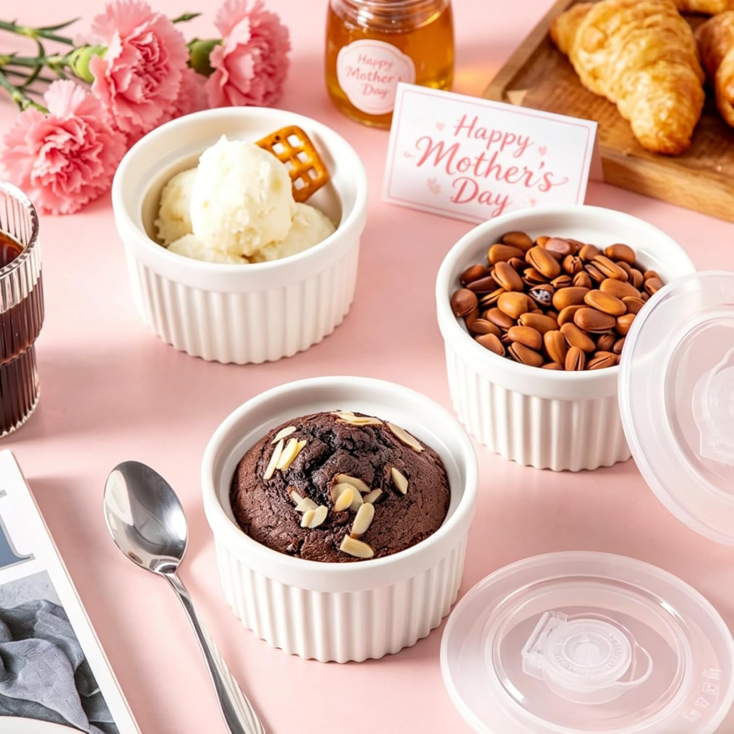 Detalle de vancasso 10 oz Ramekins with Lid (Set of 6) — Porcelain Crème Brûlée, Soufflé & Custard Cups, Oven & Dishwasher Safe