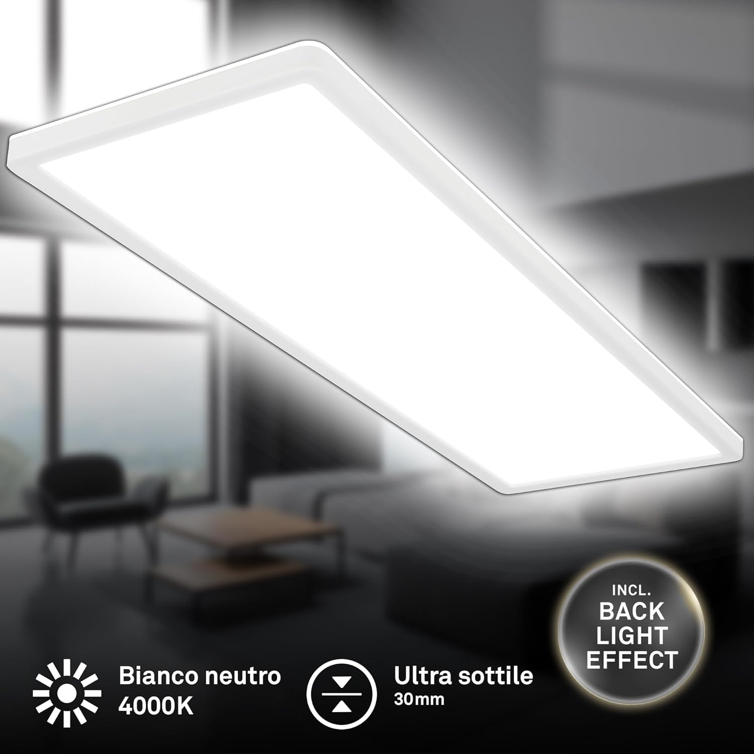 Detalle de Briloner Slim LED plafoniera 58x20 cm, retroilluminazione, bianco