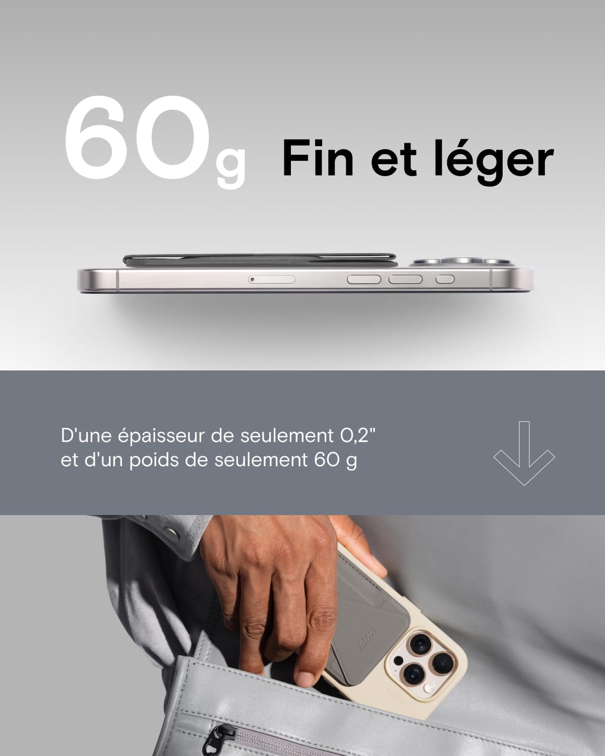 Detalle de MOFT Porte Carte MagSafe pour iPhone 17–12 | Portefeuille et support en cuir végan MOVAS Gris Froid