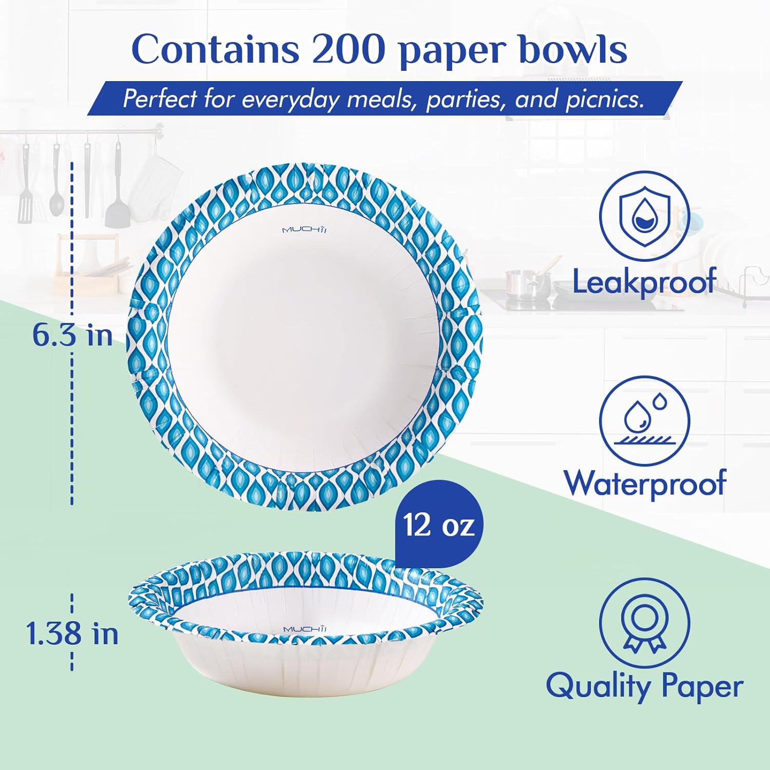 Detalle de MUCHII 12 Oz Paper Bowls — 200 Count, Disposable and Soak-Proof for Everyday Meals