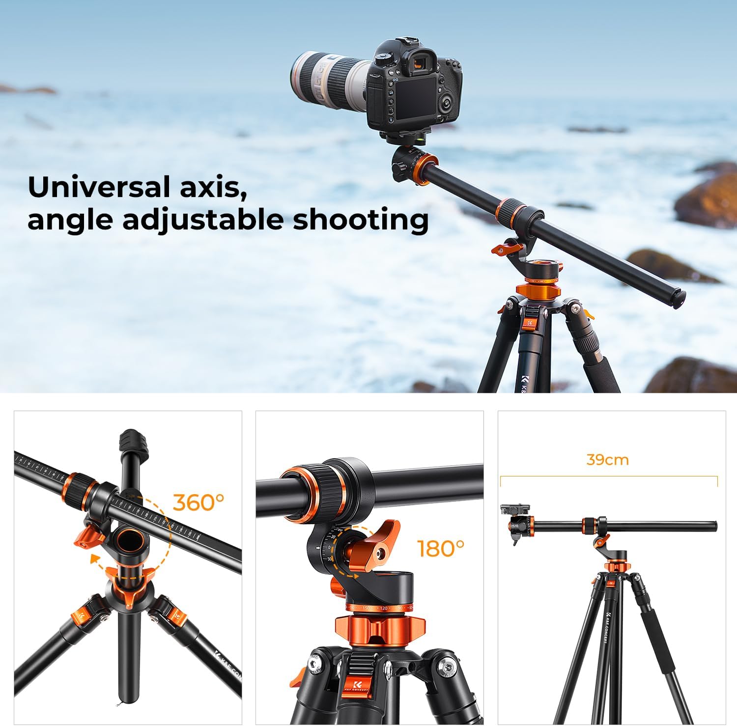 Thumbnail 2 de K&F CONCEPT 90" / 230cm Horizontal Tripod with 360° Rotation, 120° Tilt Arm & Detachable Monopod