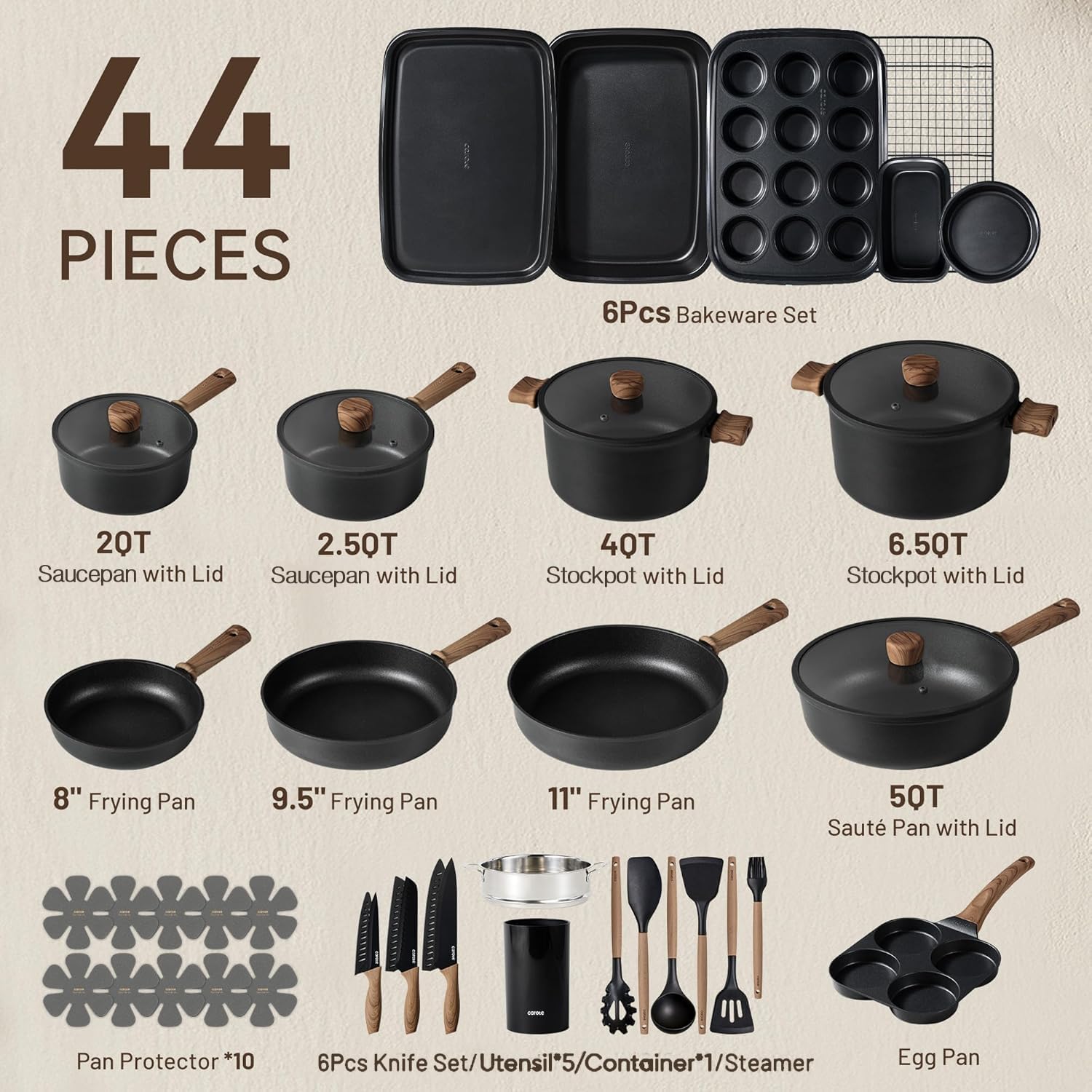 Detalle 2 de CAROTE 44pcs Titanium Nonstick Cookware Set