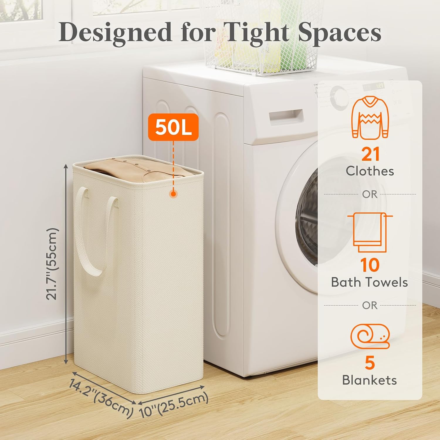 Detalle de Lifewit 25084 50L Slim Laundry Hamper, Foldable with Handles, White