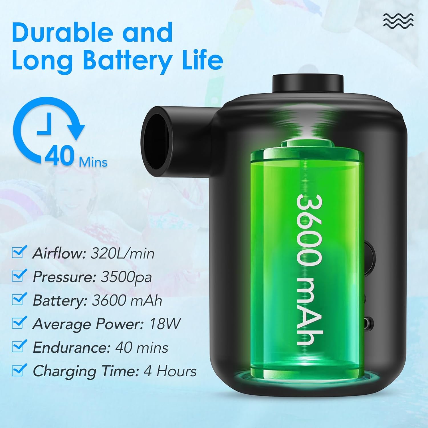 Thumbnail 5 de Pompa elettrica portatile 2 in 1 per materassi e gonfiabili con 4 ugelli (gonfia e sgonfia)