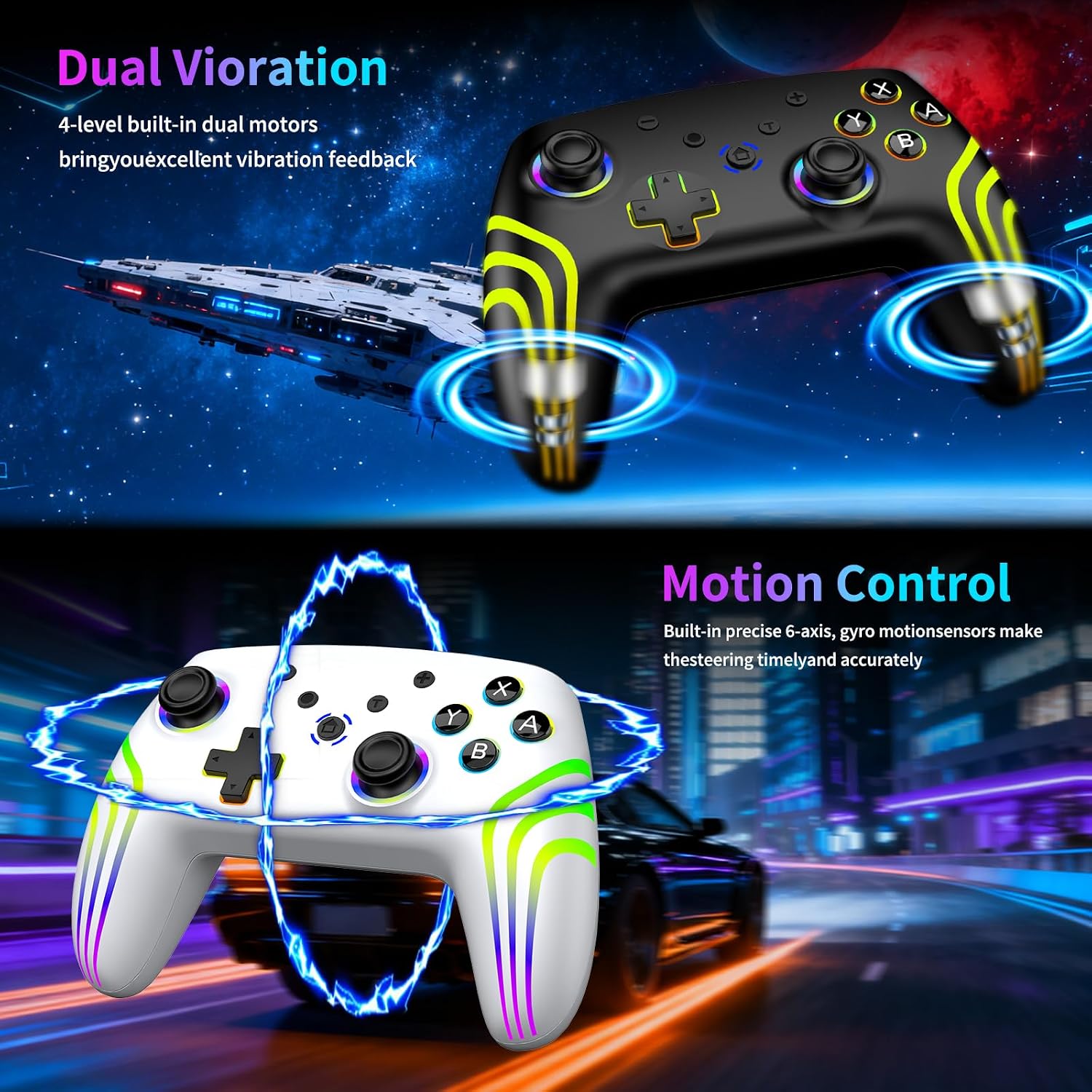 Detalle de Manette Sans Fil 2pcs pour Switch (compatible Switch, Switch 2, Lite, OLED) avec éclairage RGB, double vibration, gyroscope 6 axes et Turbo – blanc+noir