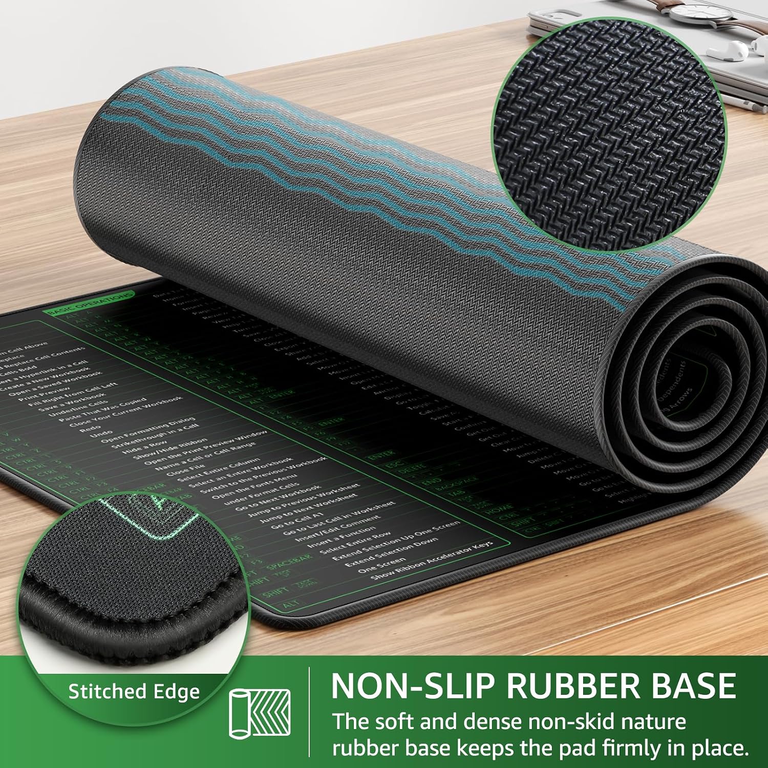Detalle de KTRIO Excel Shortcuts Mousepad (900 x 400 mm) with non-slip base and stitched edges