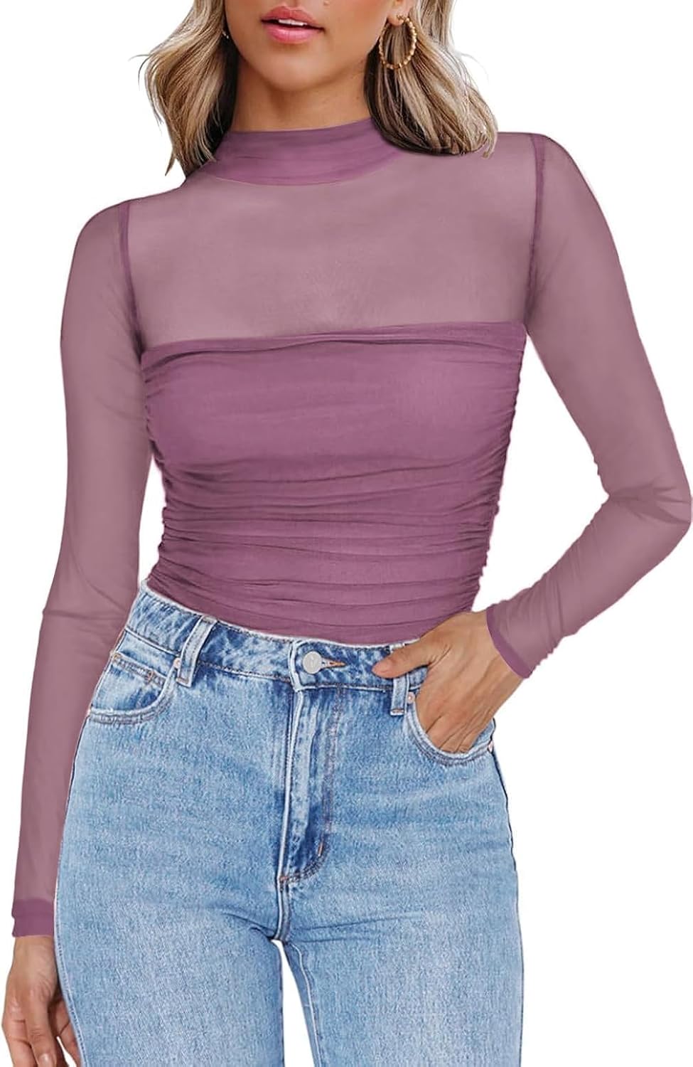 Thumbnail 6 de Zeagoo Mesh Oberteil Damen – transparentes Langarmshirt mit Rundhalsausschnitt (Slim Fit, Party & Clubwear)