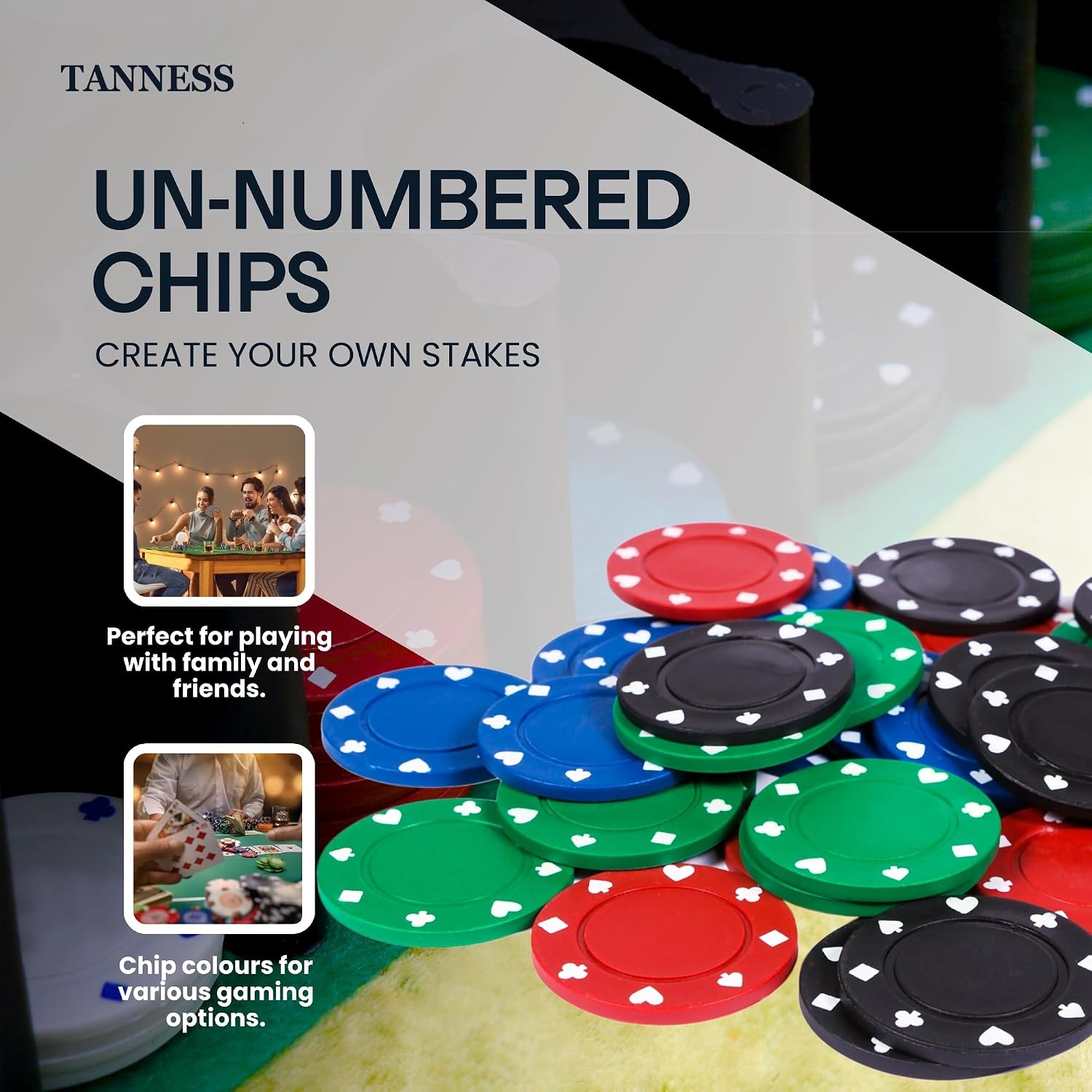 Detalle de Tanness 200 Pcs Poker Set: Casino-Style Chips, Mat & Tin Box for Home Games