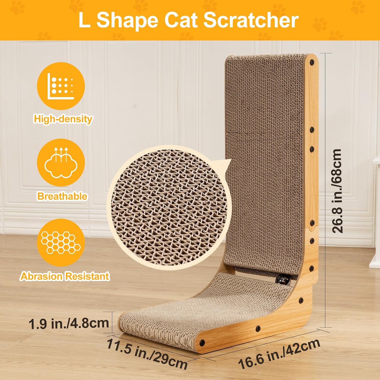Detalle 2 de Poils bebe PB1-LX-L L-Shaped Cat Scratcher with Corrugated Cardboard, Ball Toy & Catnip