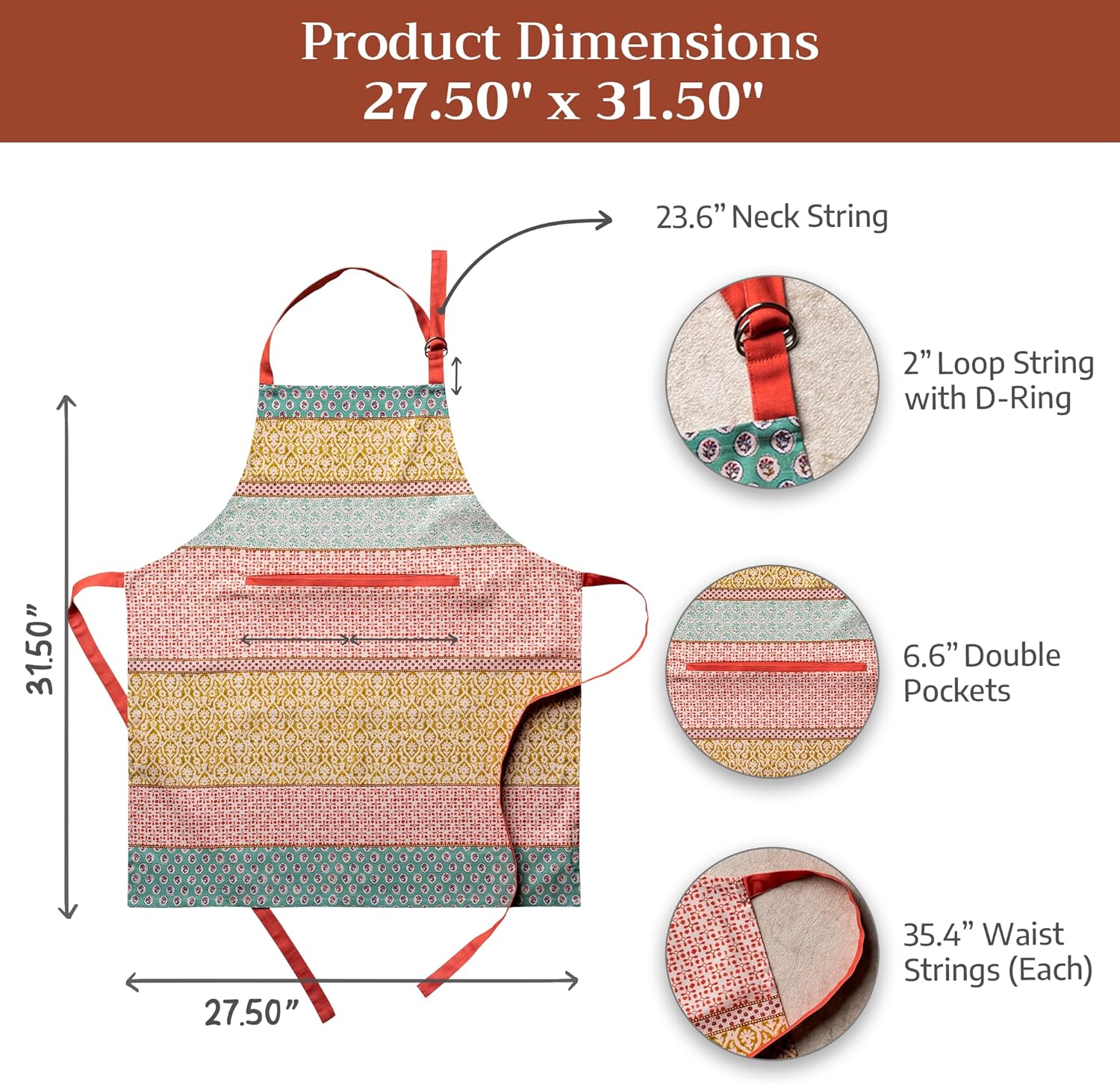 Thumbnail 6 de Maison d' Hermine 100% Cotton French Apron with Pockets for Women (Long Waist Ties & Adjustable Neck Strap)