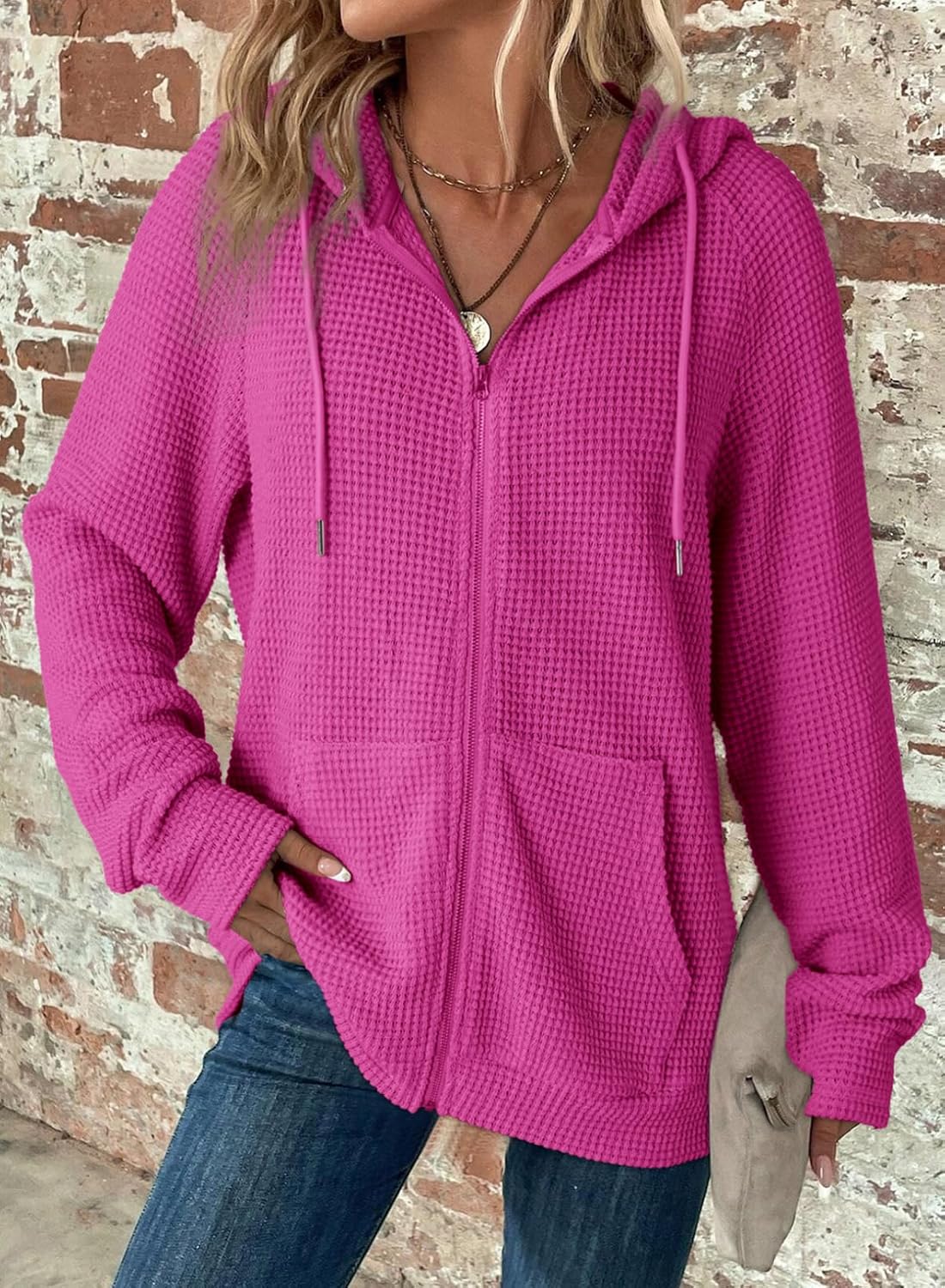 Detalle de Dokotoo Women's Waffle Knit Full Zip Hooded Sweatshirt