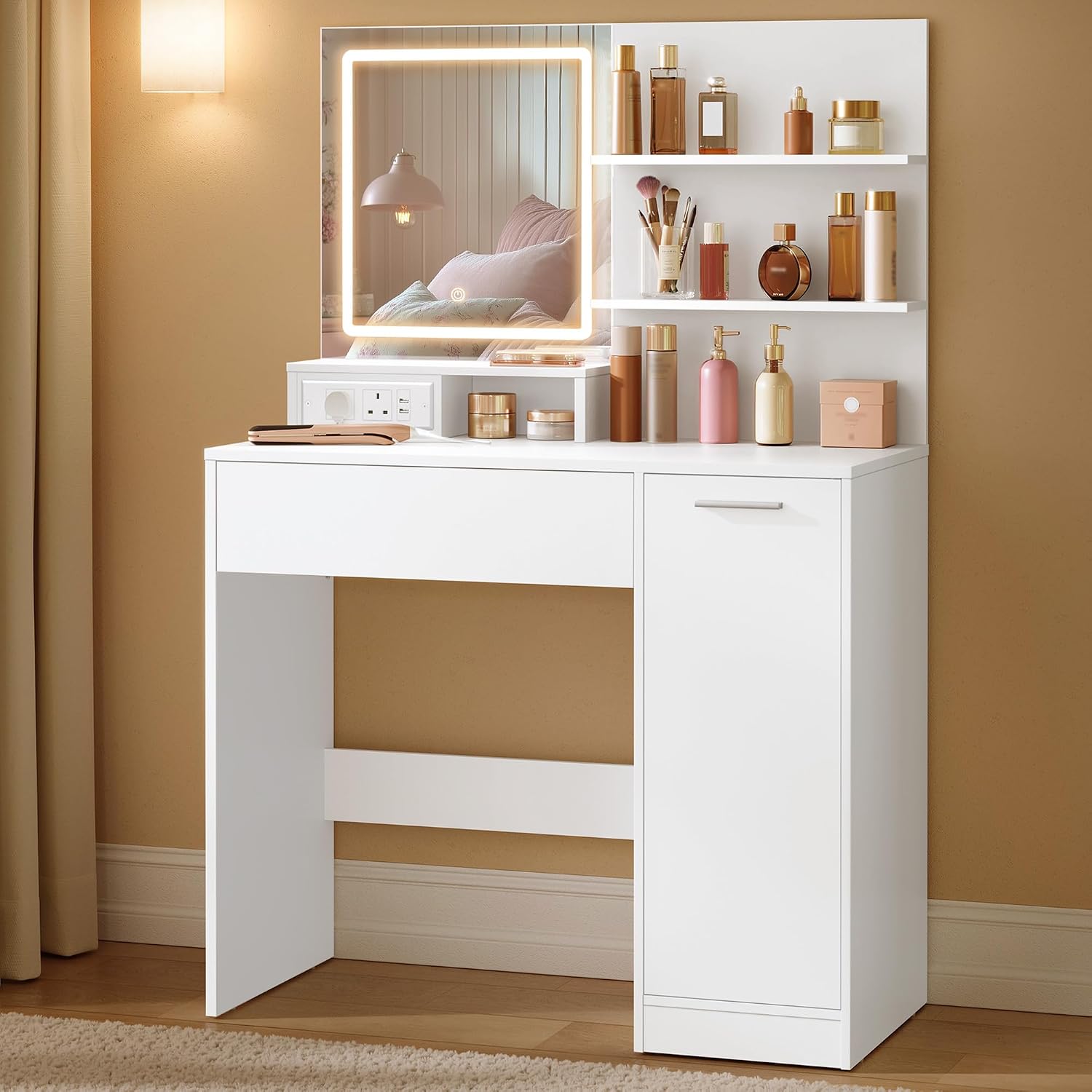 Detalle de VASAGLE KAILYN URDT138W02 Vanity Desk with LED Mirror and Power Outlet