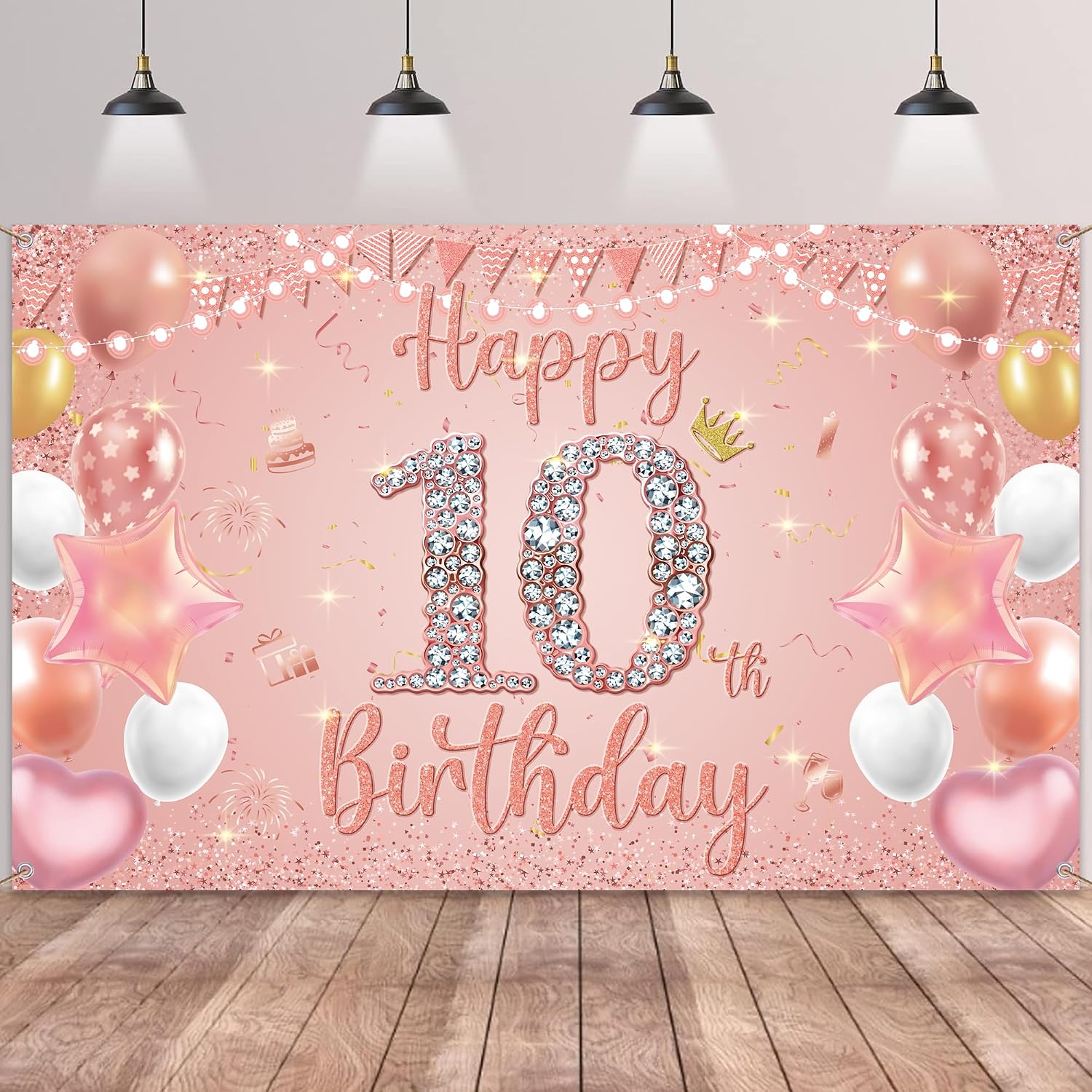 Happy 10th Birthday Decorations Banner – Pink Rose Gold Fabric Backdrop for 10th Birthday Party