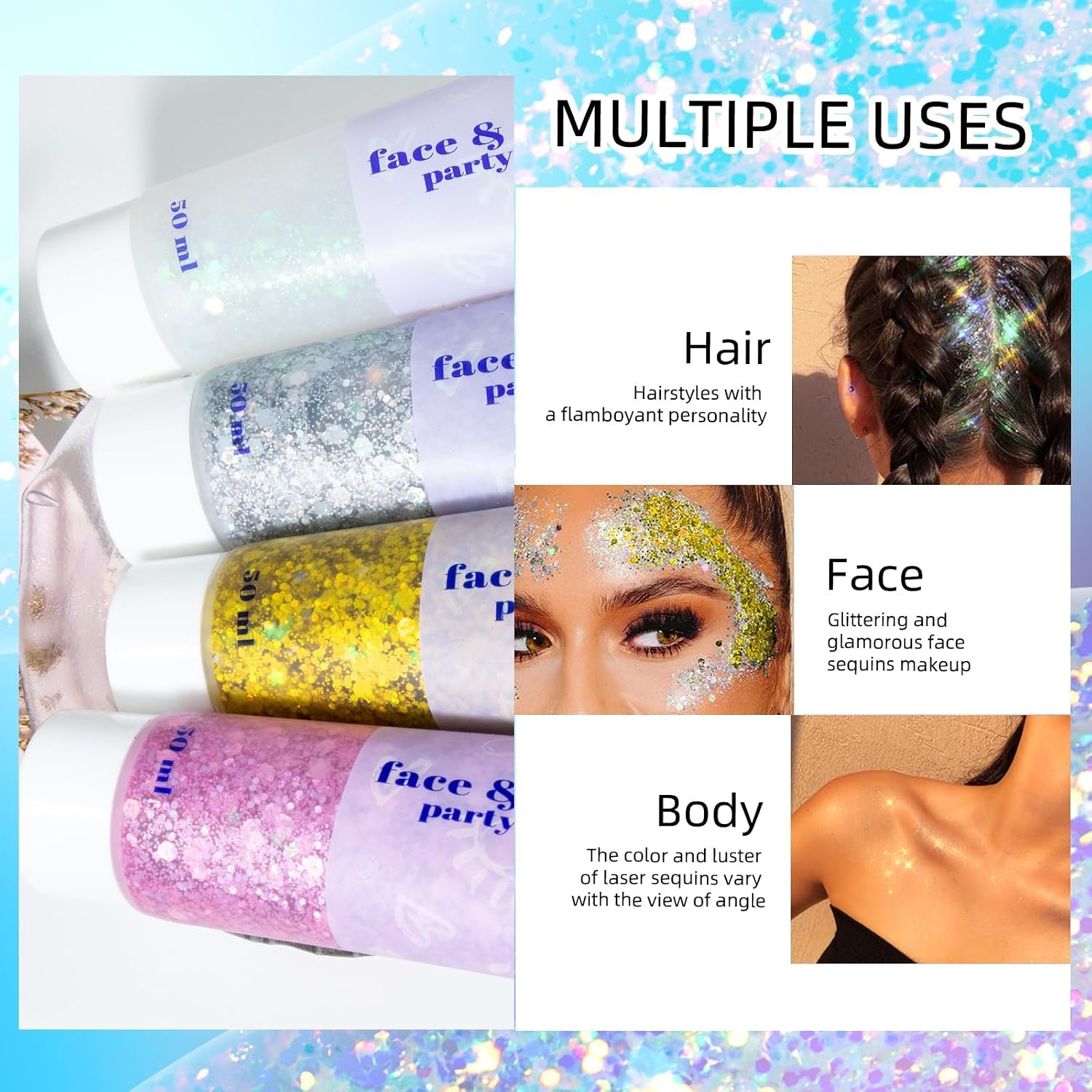 Detalle de Prreal Body Glitter Gel 50 ml – paillettes holographiques pour visage, corps, cheveux et ongles (02 Gold)