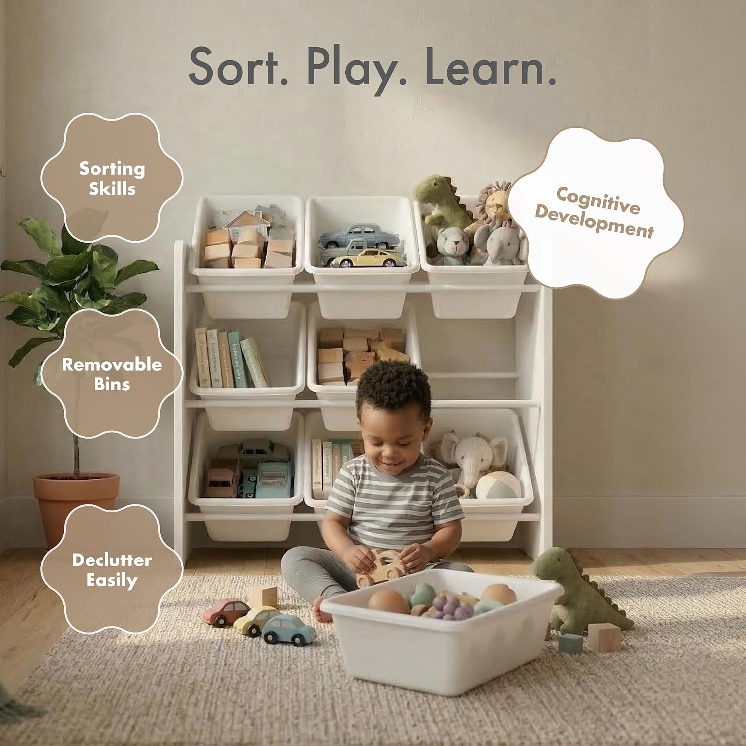 Thumbnail 4 de Humble Crew Wooden Toy Storage Organiser with 9 BPA-Free Bins (White) for Kids