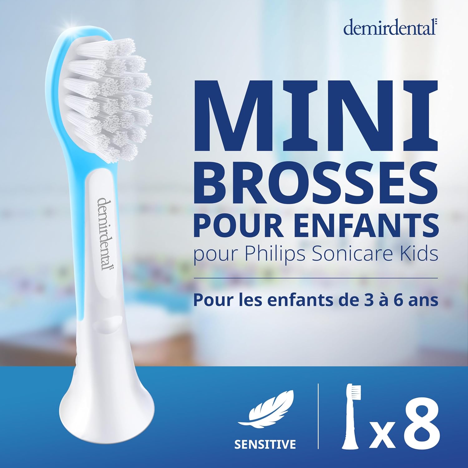 Detalle de Têtes de brosse demirdental pour Philips Sonicare Kids (3 à 6 ans) – Compact Mini, lot de 8, bleu clair