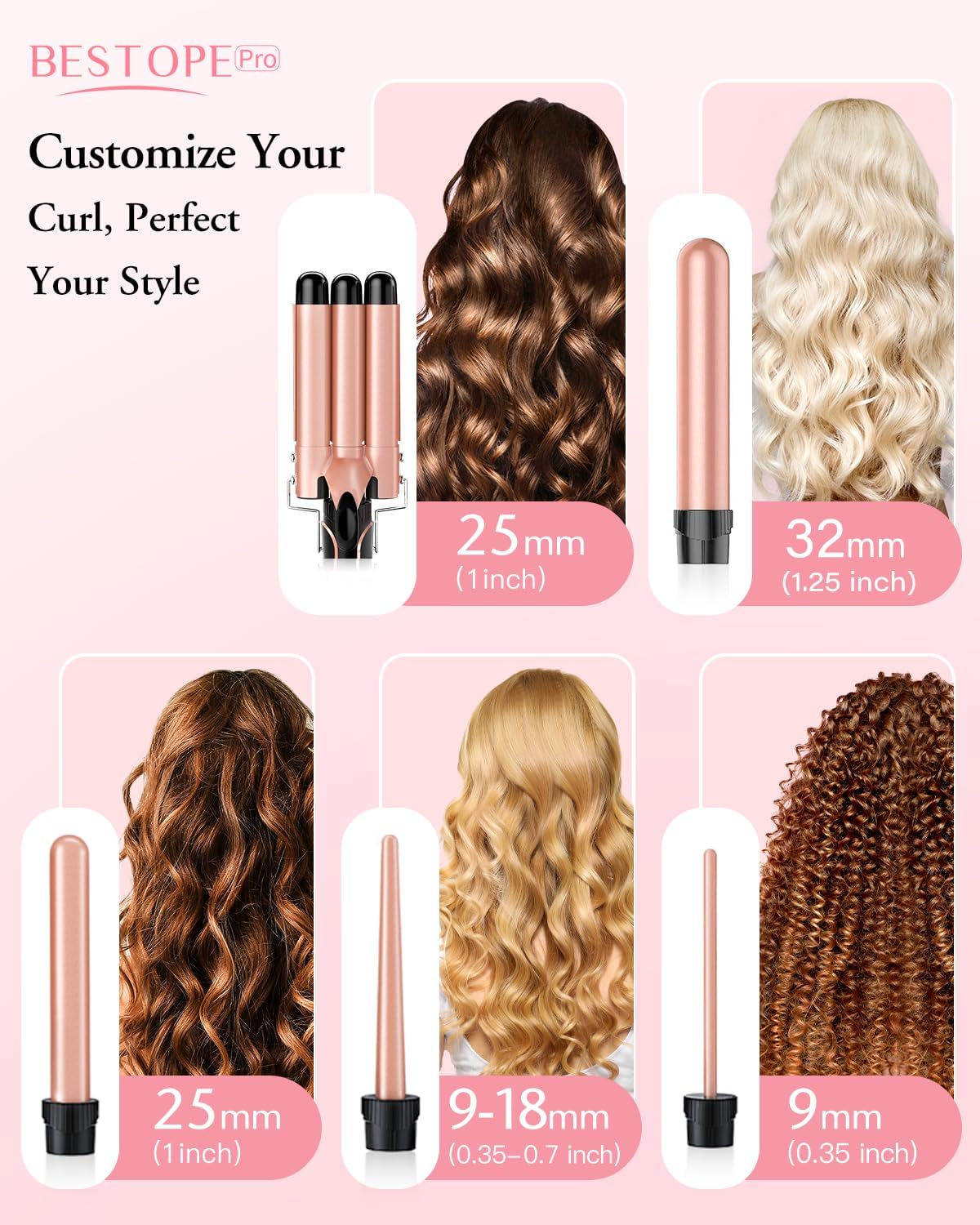 Detalle 2 de BESTOPE PRO 5 in 1 Beach Waver Hair Curler: 9–32mm Ceramic Wand Set for Natural Waves