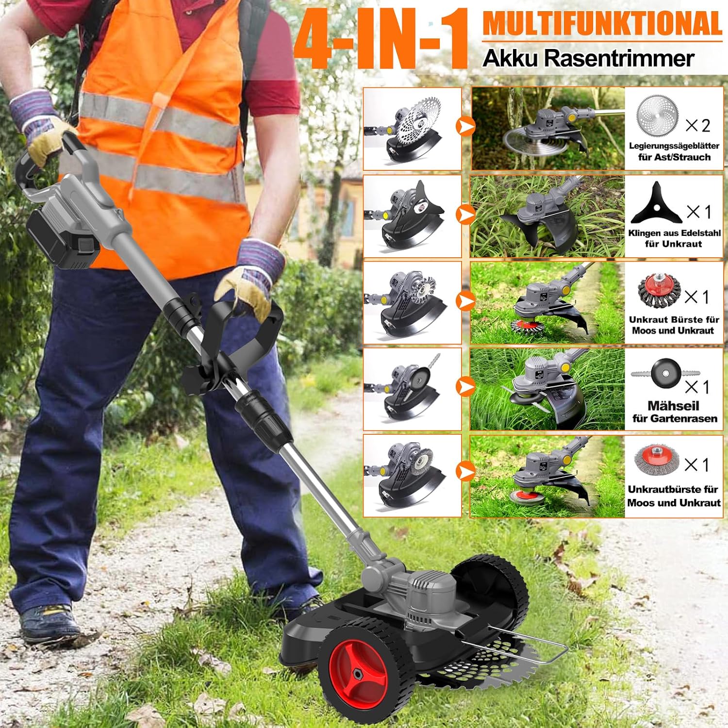 Detalle de Rasentrimmer Mit Akku 21V – 5-in-1 Freischneider mit 2×4,0 Ah Akkus und 750 W