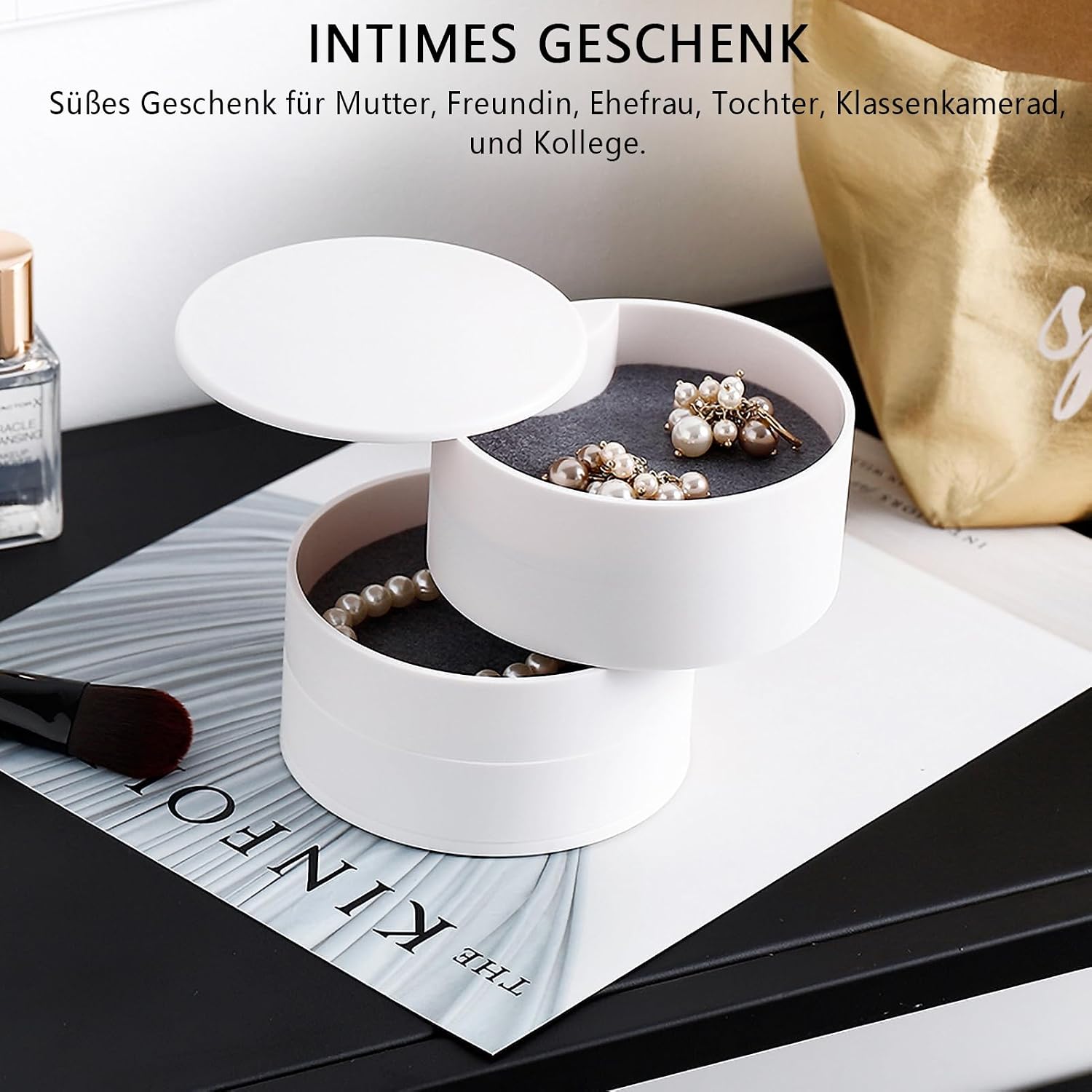 Detalle de INMORVEN Schmuckaufbewahrung Organizer – 4 Ebenen Drehbar, Weiß, 10,5 × 10,5 × 12,5 cm