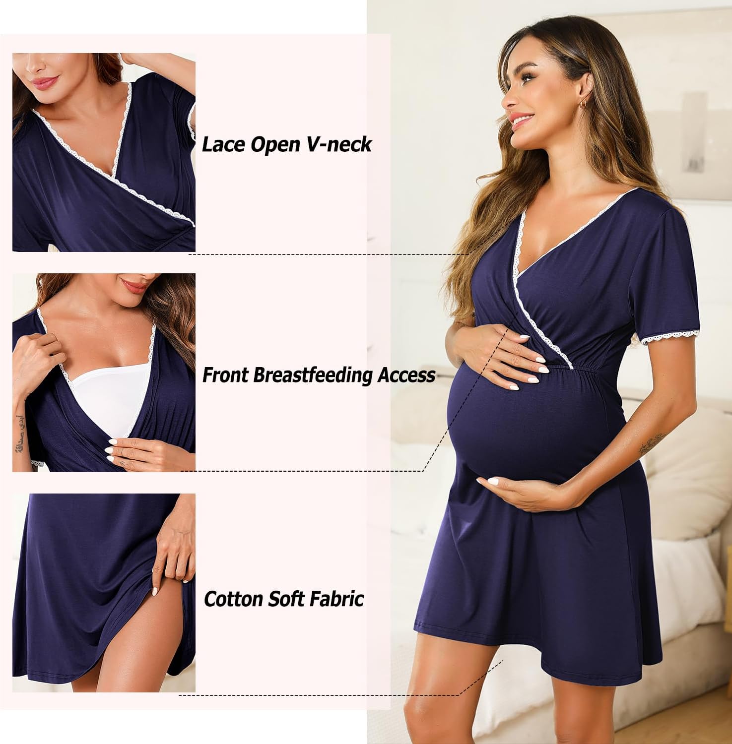 Detalle de Leversic Maternity Nightgown for Nursing and Postpartum Comfort