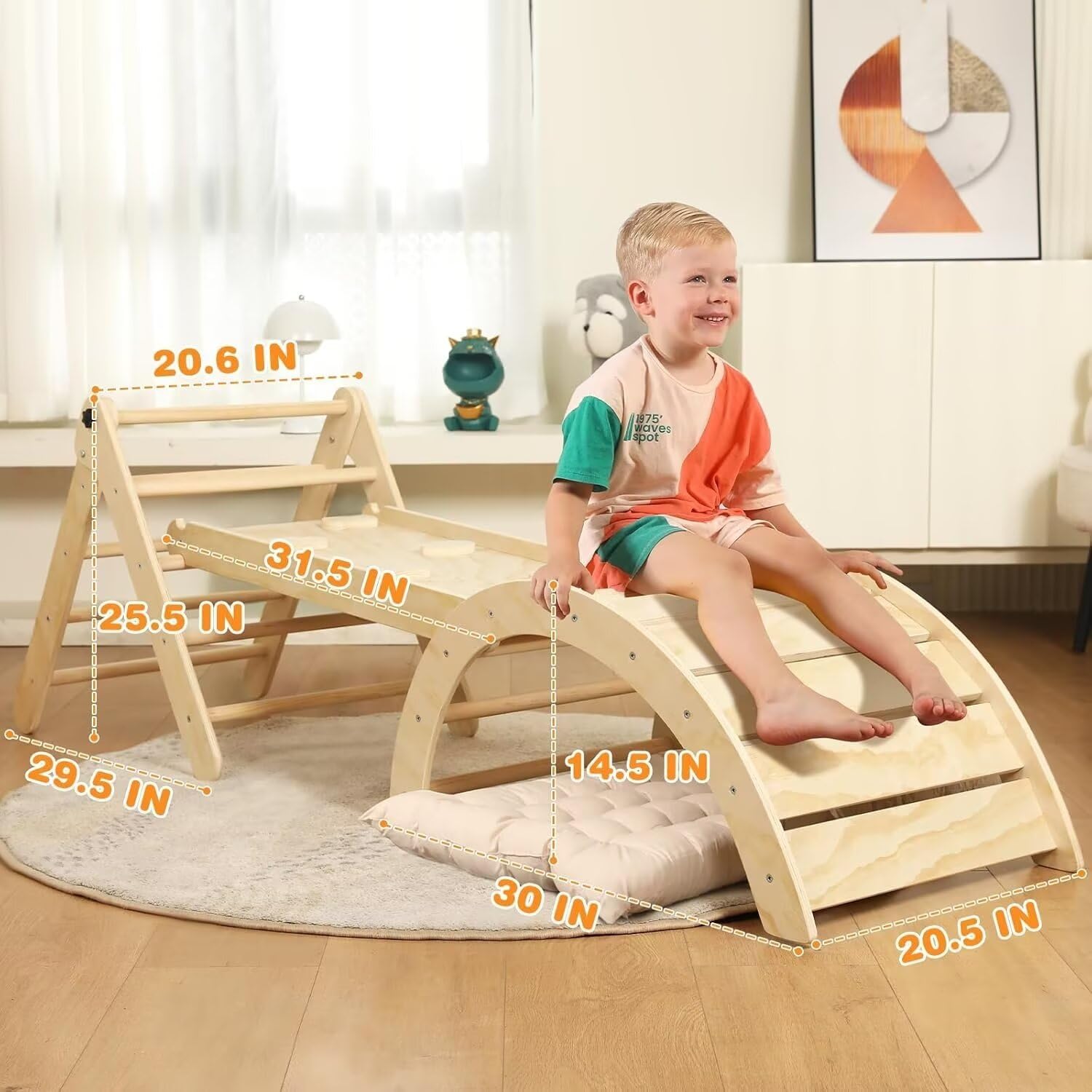 Detalle 2 de Yopnoyik Pikler Triangle Set with Cushion – 7 in 1 Indoor Wooden Climbing Toy for Toddlers