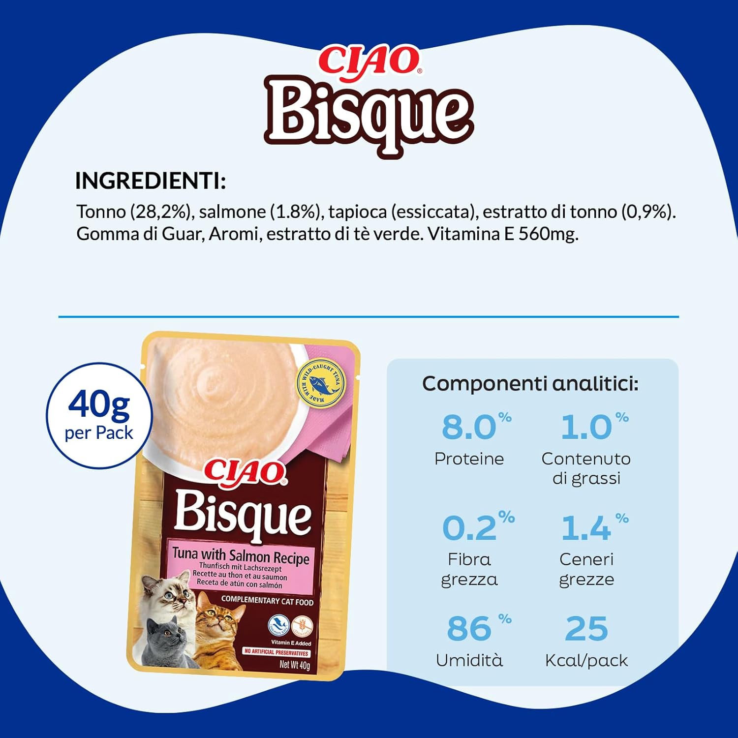 Detalle de INABA CIAO Bisque di Tonno con Salmone – Cibo Umido per Gatti, 12 Buste x 40 g (Crema Sana e Umidità Elevata)