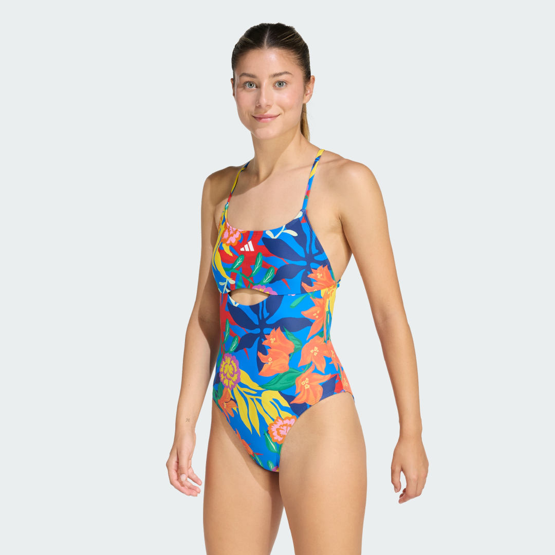 Detalle de TRAJE DE BAÑO Adidas espalda anudada con diseño de flores mexicanas — azul