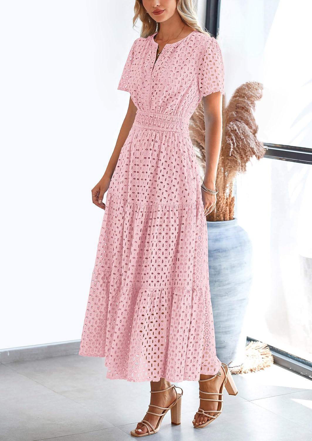 Detalle de PRETTYGARDEN Womens 2026 Summer Maxi Dress with Eyelet and V-Neck