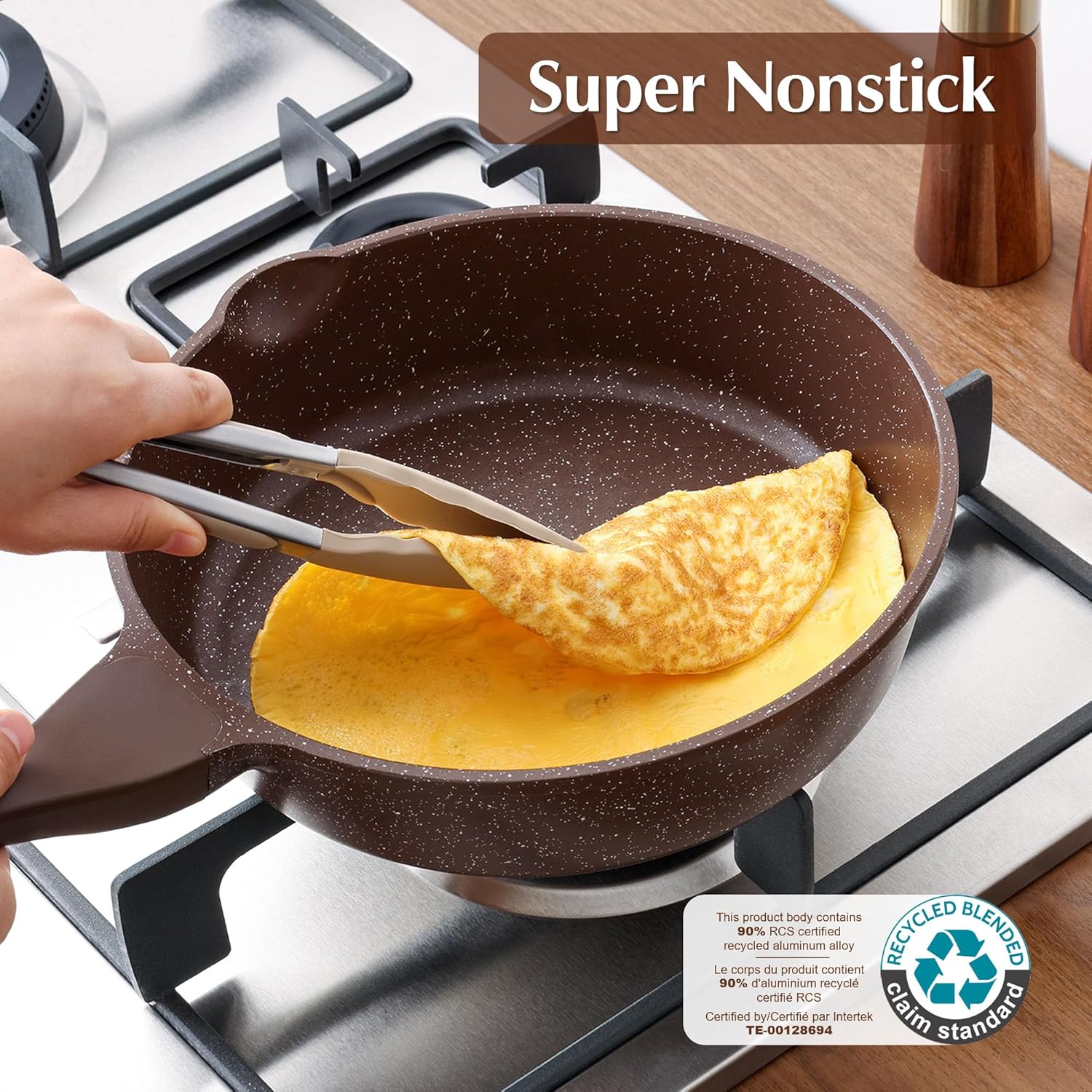 Detalle 2 de SENSARTE Antihaftpfanne 28 cm Toffeebraun mit Deckel – Induktion, Granitbeschichtung, gesundes Kochen