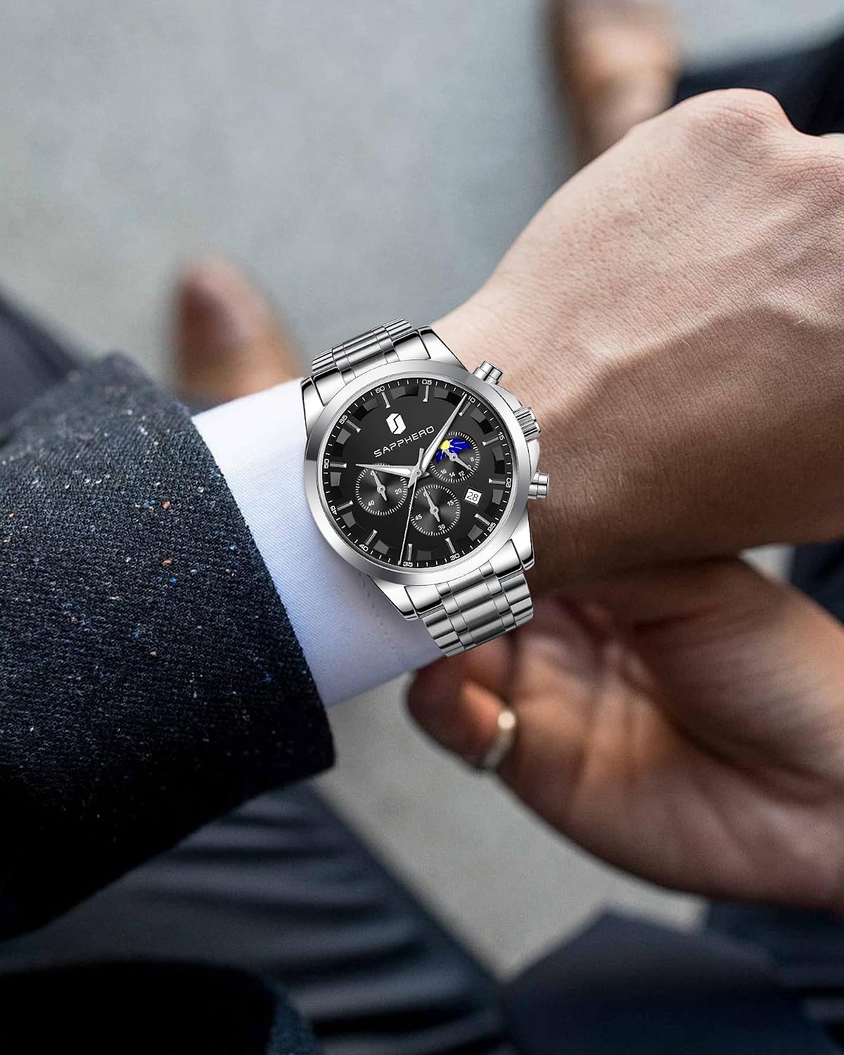 Detalle de BENYAR by Montre Homme chronographe étanche avec calendrier, bracelet cuir/acier inoxydable