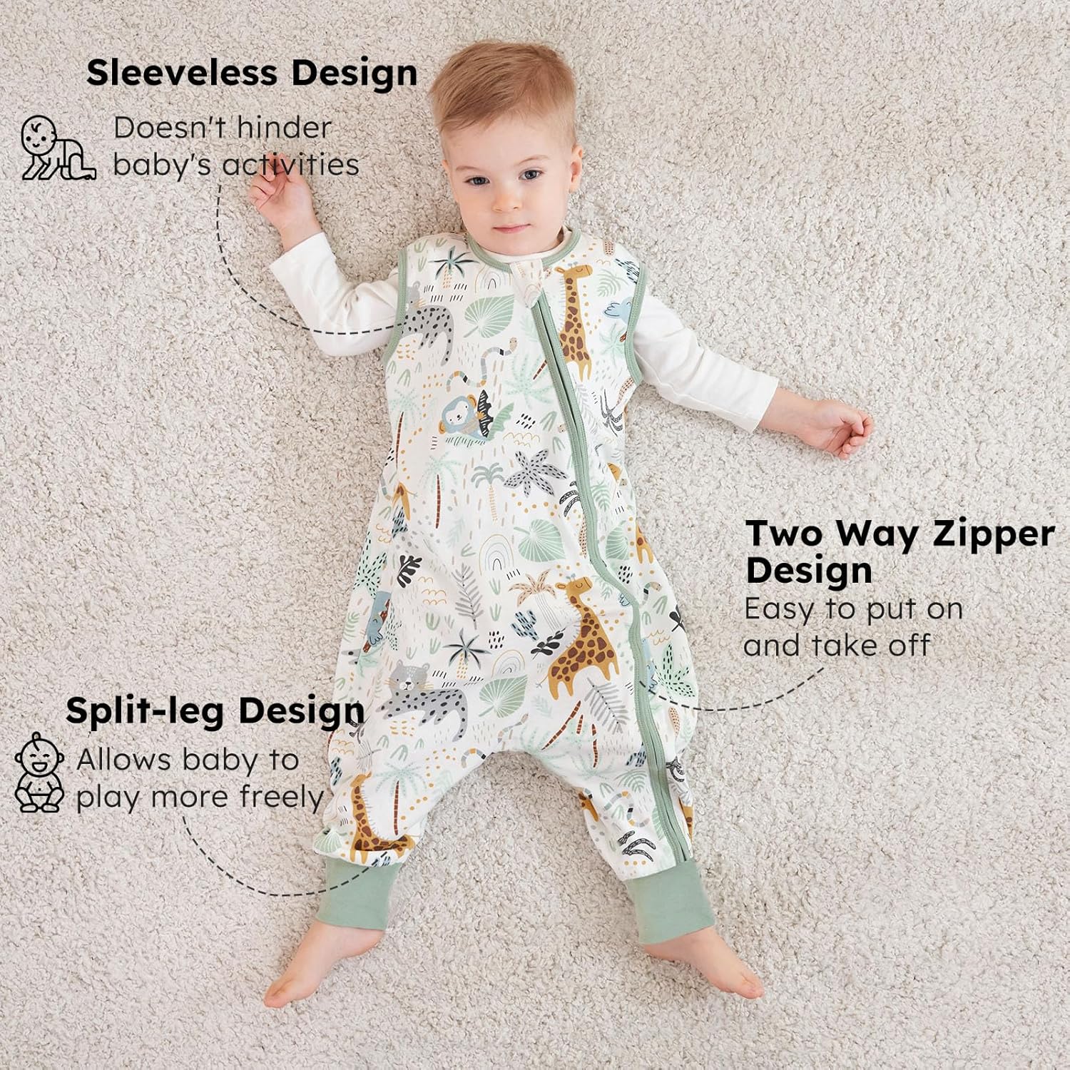Detalle 2 de Yoofoss 2er Pack Baby Schlafsack mit Füßen 0.5 Tog – 100% Baumwolle, 80 cm, Grün Giraffe