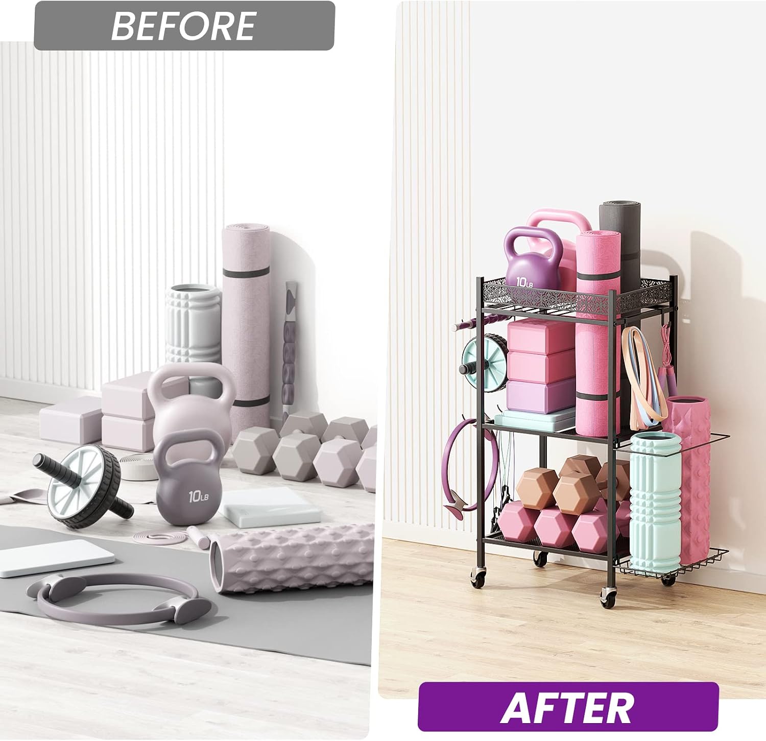 Detalle 2 de VOPEAK Yoga Mat Storage Rack, 3-Tier Metal Organizer with Locking Wheels