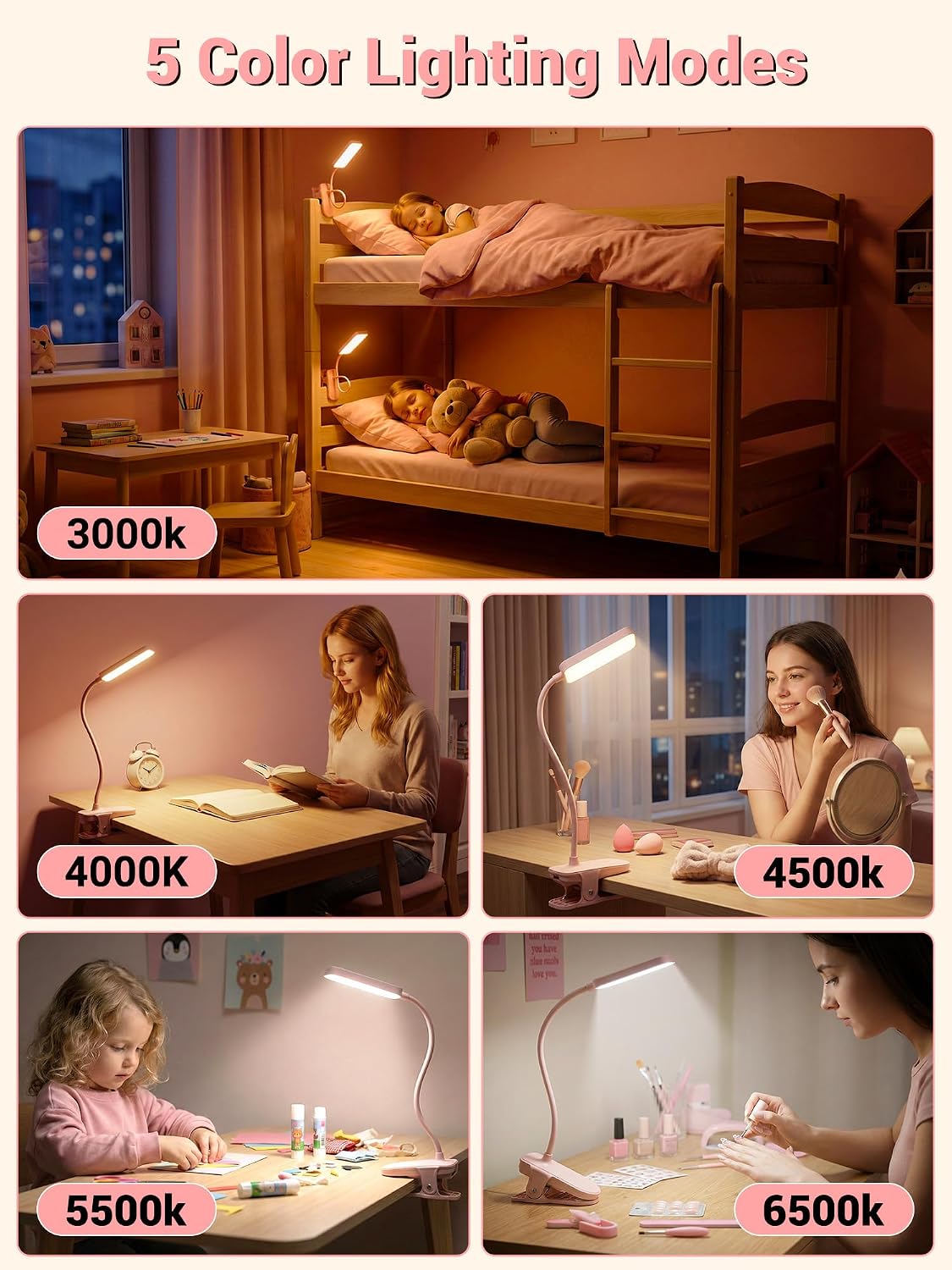 Detalle de ReinHoo MW03 Pink Clip-On LED Desk Lamp, Rechargeable 4000mAh