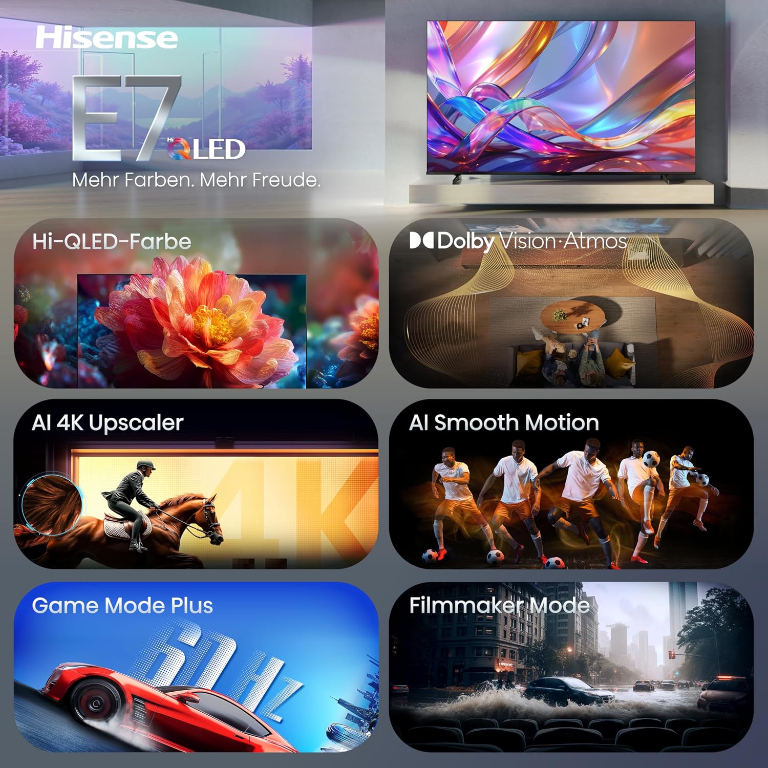 Detalle de Hisense 55E7DS Fernseher – 55 Zoll, 4K UHD QLED, Hi View AI Engine, Game Mode Plus