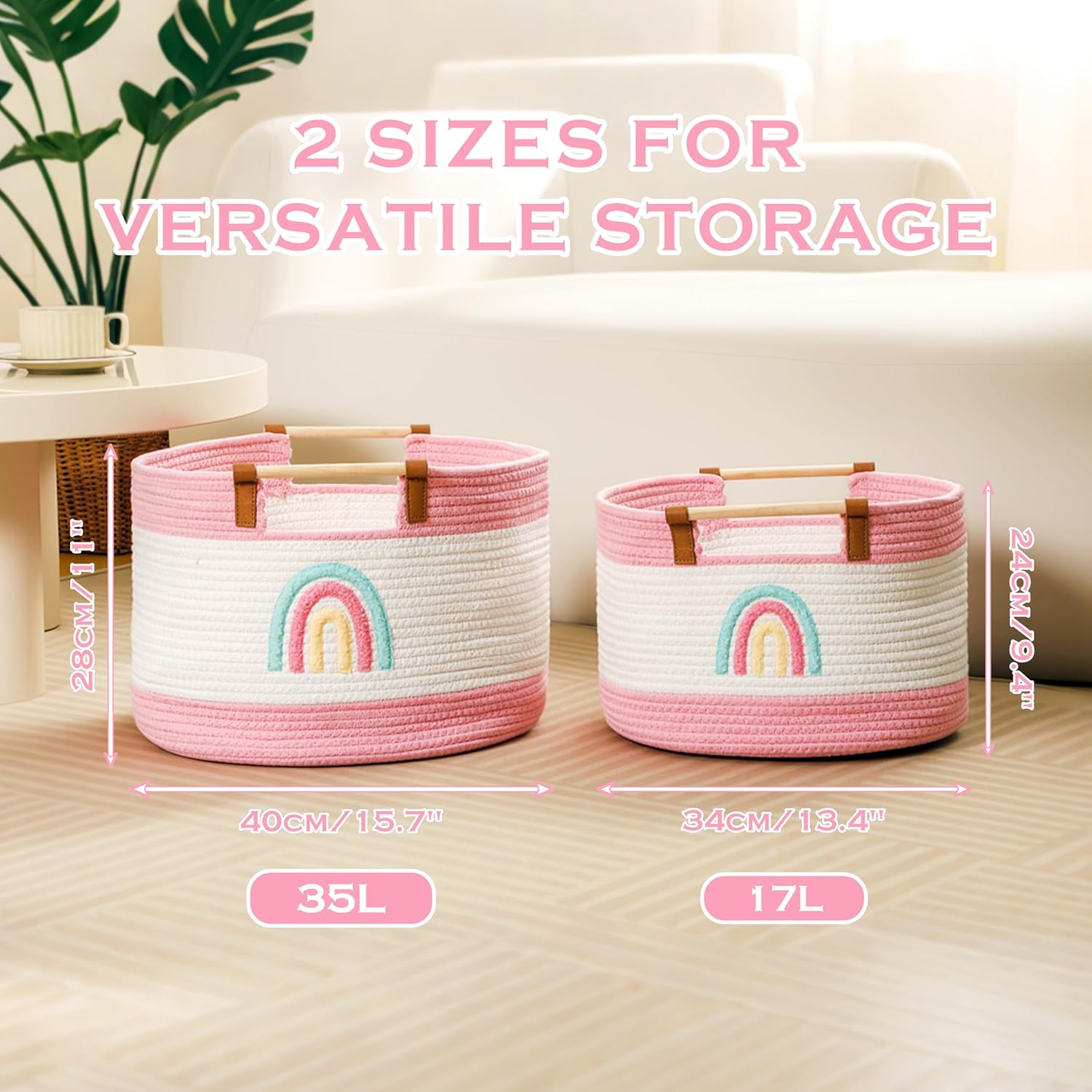 Thumbnail 5 de Tidelit Toy Storage Bin Box for Kids – 17 L Cotton Rope Basket with Wooden Handles
