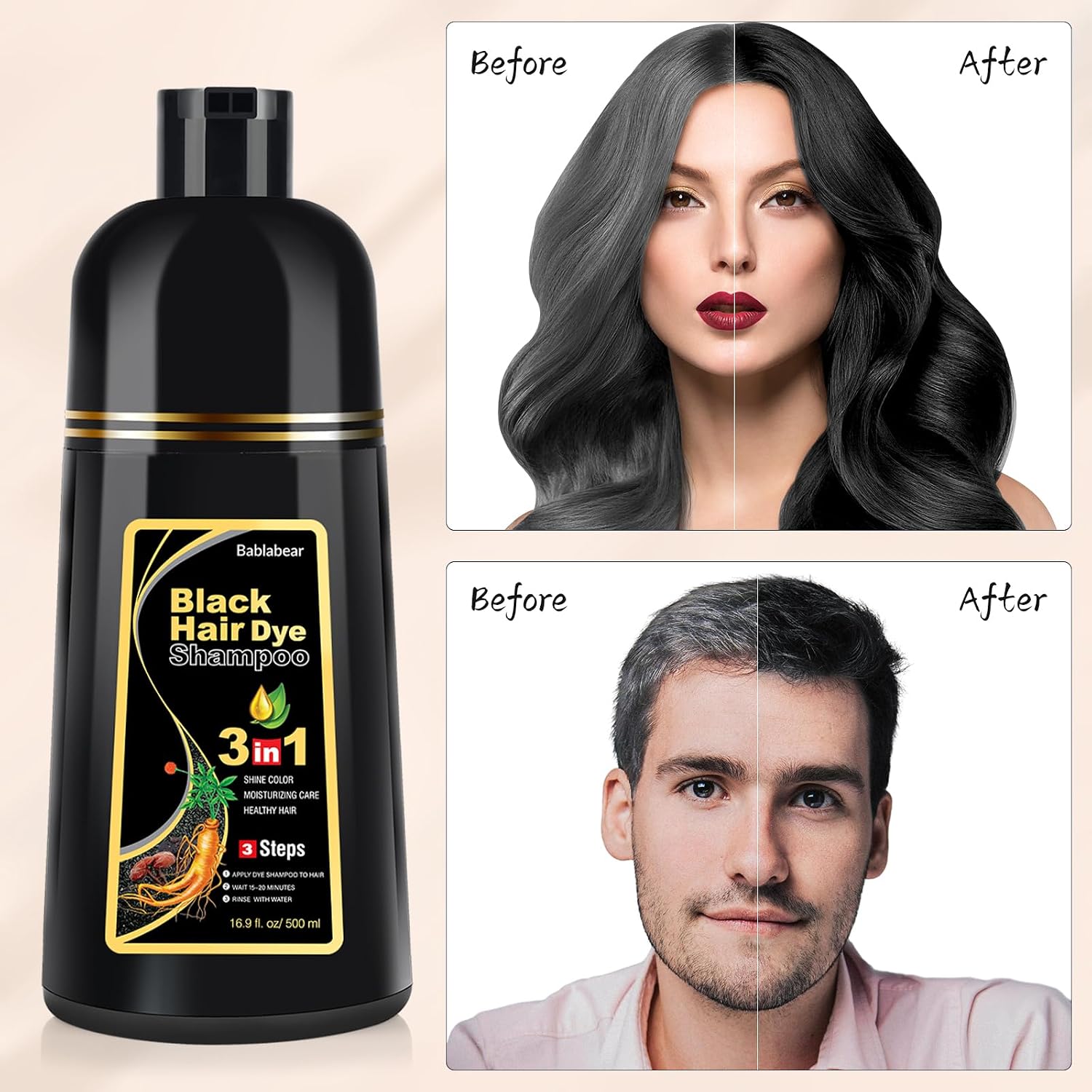 Detalle 2 de Bablabear Black Hair Dye Shampoo 500ml ๐โ