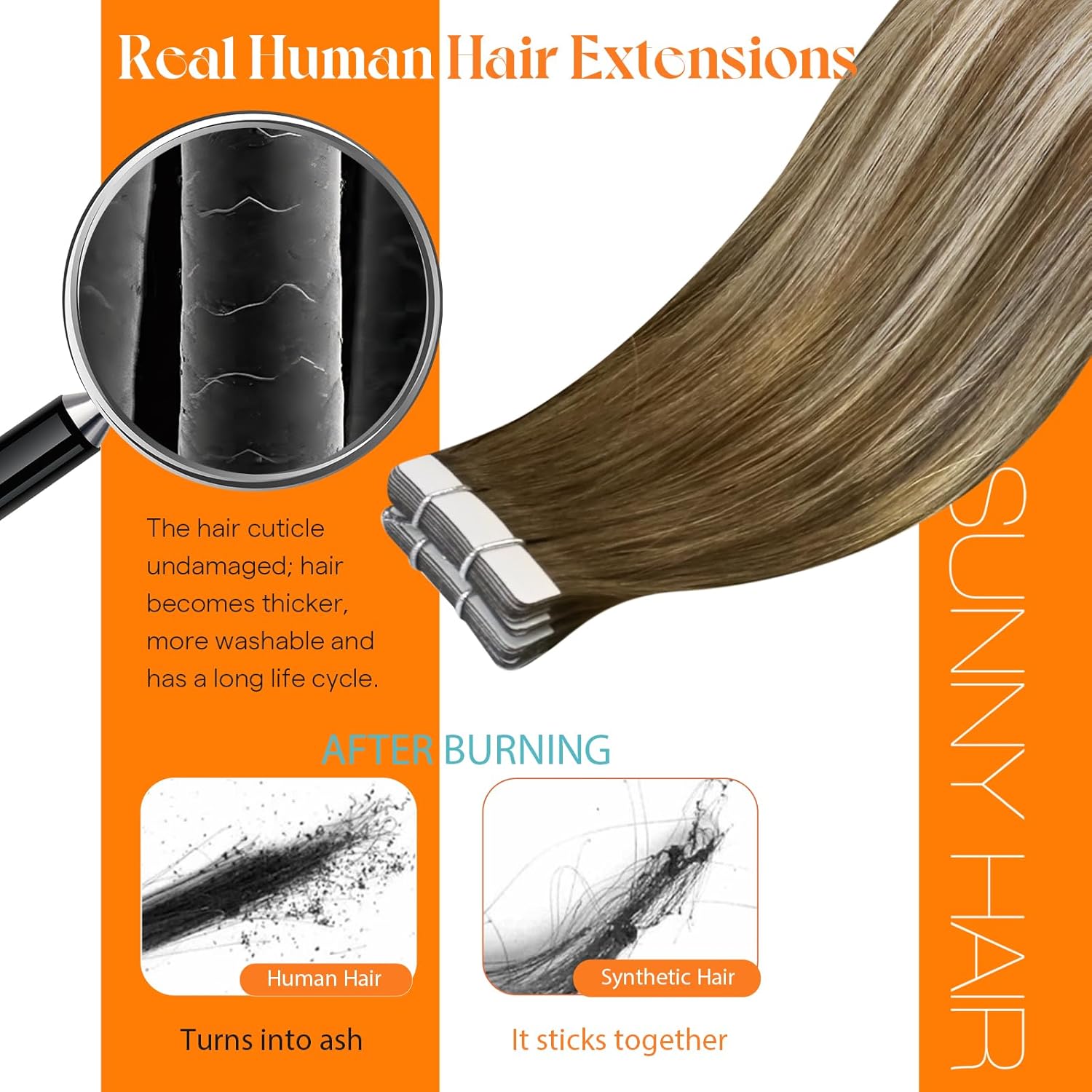Thumbnail 6 de Sunny Hair Tape-In Hair Extensions (20 inch) — Remy Human Hair Brown Balayage Blonde, 50g, 20 Pieces