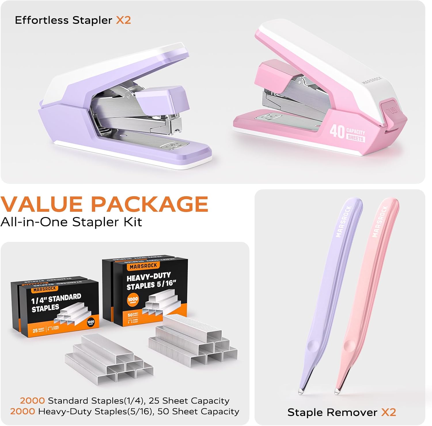 Detalle de Marsrock Desk Stapler, 40–50-Sheet Capacity, 4,000 Staples, 2-Pack
