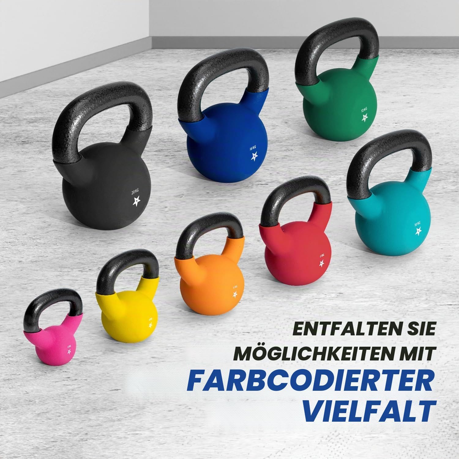 Detalle 2 de Yes4All Kettlebell aus Gusseisen (Neopren) – 2–20 kg, farbcodiert