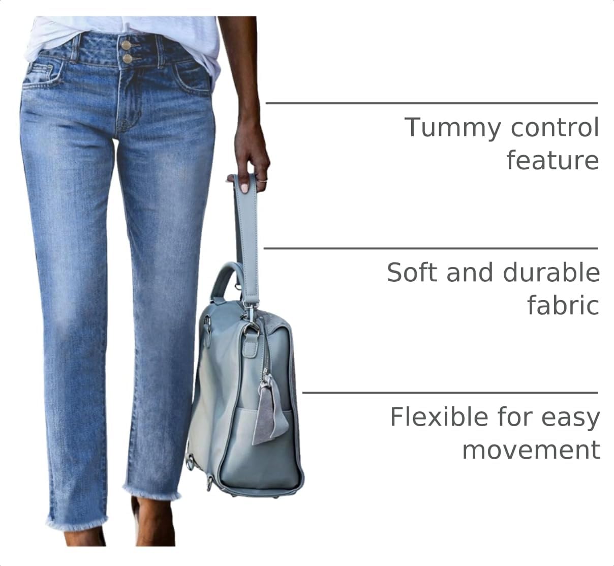 Detalle de Sidefeel Women's High Waisted Stretch Denim Jeans with Raw Hem — Straight Leg, Ankle Length, with Pockets