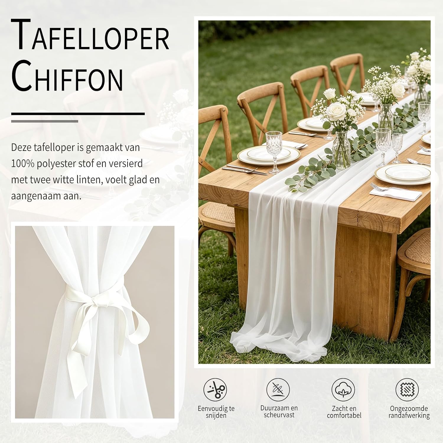 Detalle de GanYesin ZQ123 chiffon tafelloper wit 77 x 300 cm voor feestdecoratie