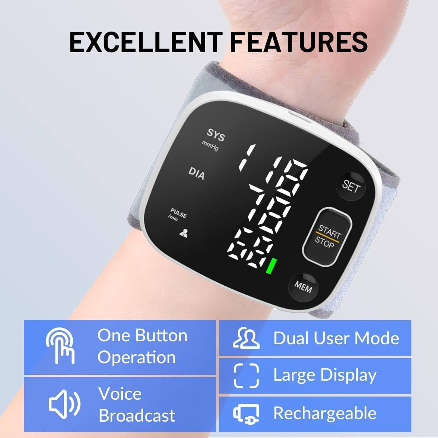 Thumbnail 1 de Blood Pressure Monitors Rechargeable Digital Wrist Blood Pressure Machine for Home Use with Voice Broadcast and 240 Memory