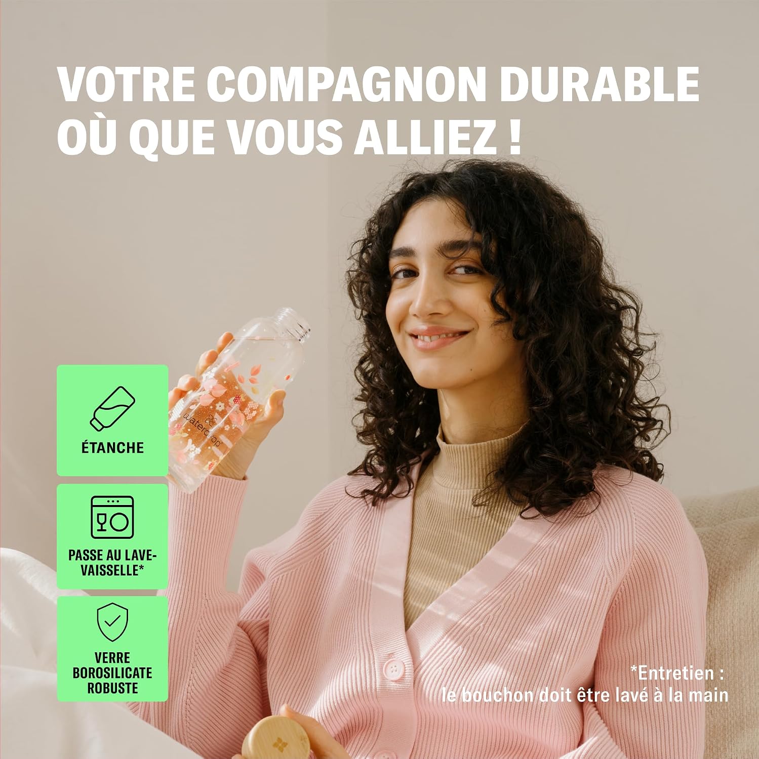 Detalle de waterdrop® Bouteille en Verre 600ml — Gourde Borosilicate avec Bouchon Bambou et Housse Néoprène