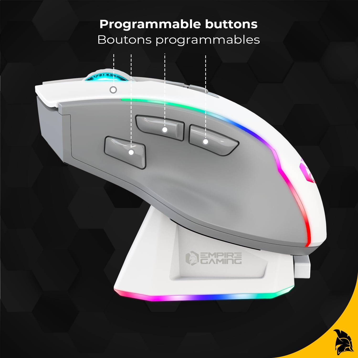Detalle de EMPIRE GAMING RF908 — souris gamer sans fil rechargeable RGB (WiFi 2,4 GHz / Bluetooth / USB-C)