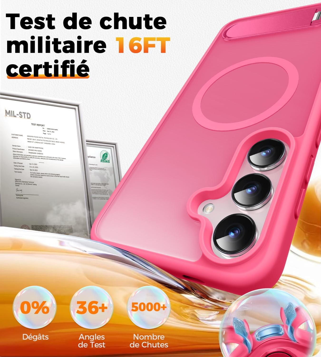 Detalle de New-One Coque Galaxy S24/S25 avec Support 360° Magnétique et Protection Militaire – Bumper Silicone Fuchsia