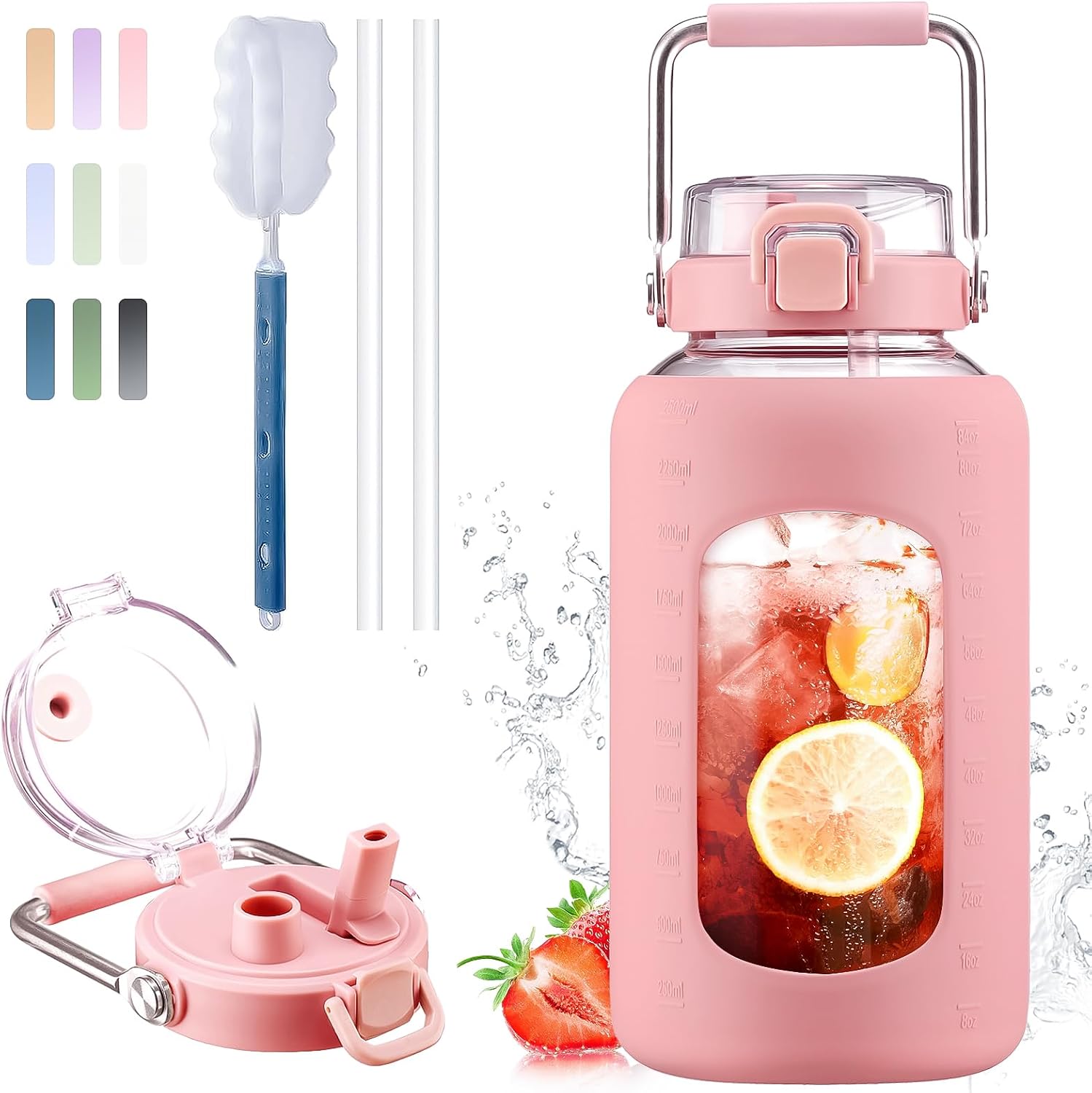 Detalle de BLUEGO B-84oz-Pink – szklana butelka 2500 ml z uchwytem i znacznikami czasu