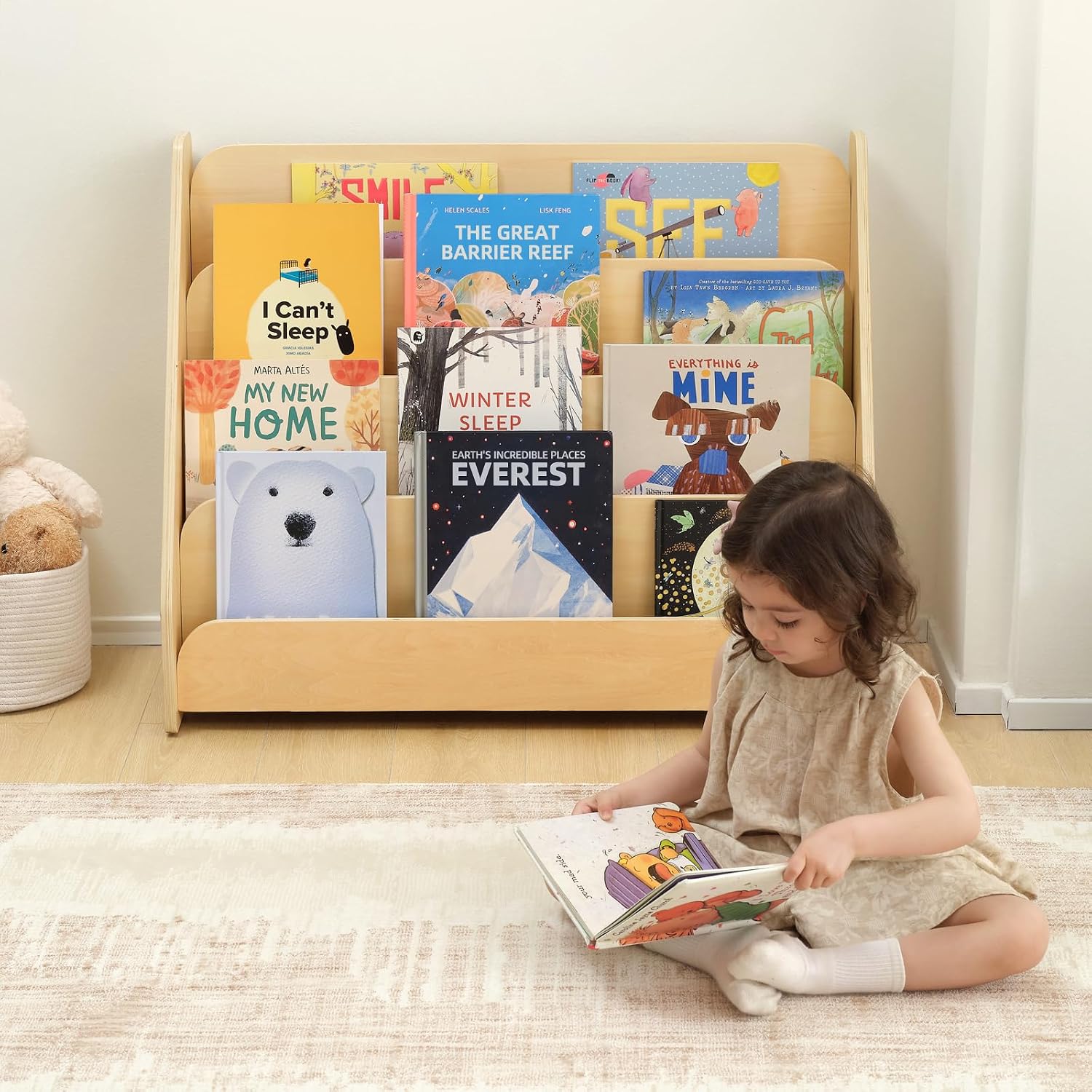 Detalle de OOOK BCOK060 4-Tier Kids Bookshelf, Front-Facing Wooden Bookcase