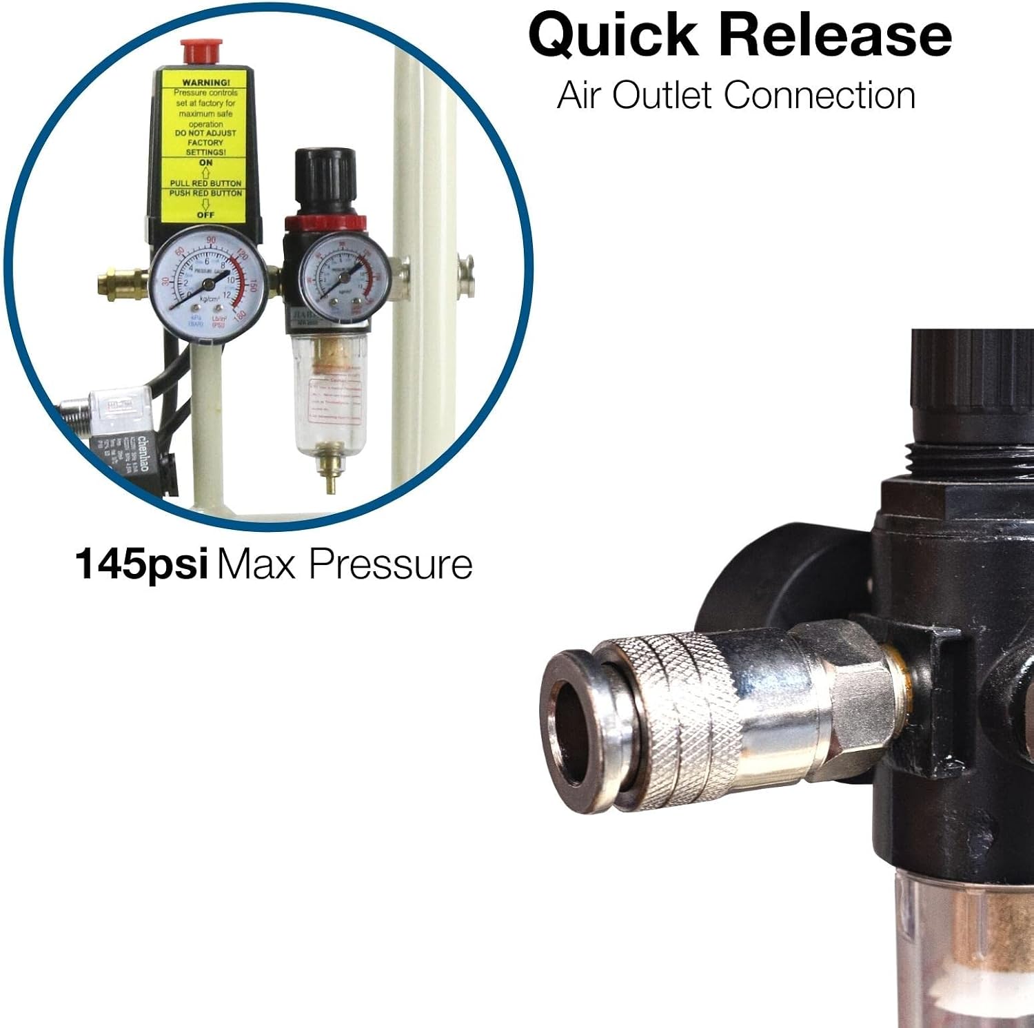 Detalle 2 de Hyundai 24L Oil-Free Low Noise Air Compressor (750W, 118psi) with twin gauges and Euro quick connectors