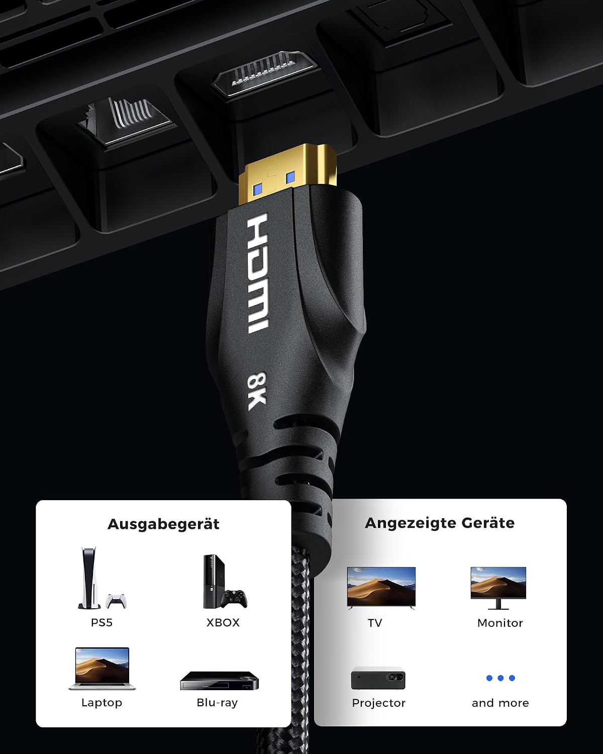 Detalle de Cratree HDMI Kabel 10 m (8K 60 Hz, 4K 120 Hz, 48 Gbps) – High-Speed, geflochten, eARC/HDCP 2.2/2.3 kompatibel