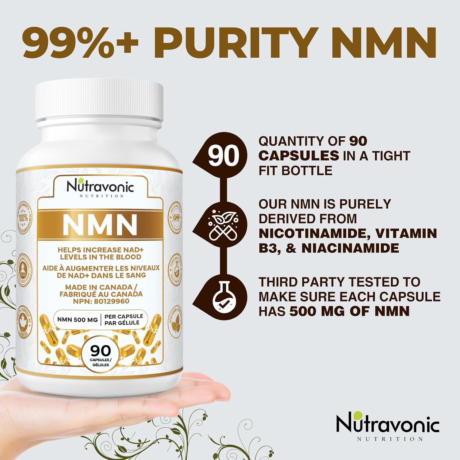 Detalle de Nutravonic Nutrition NMN 500 mg Capsules, 99%+ Pure, Vegan, 90 Count